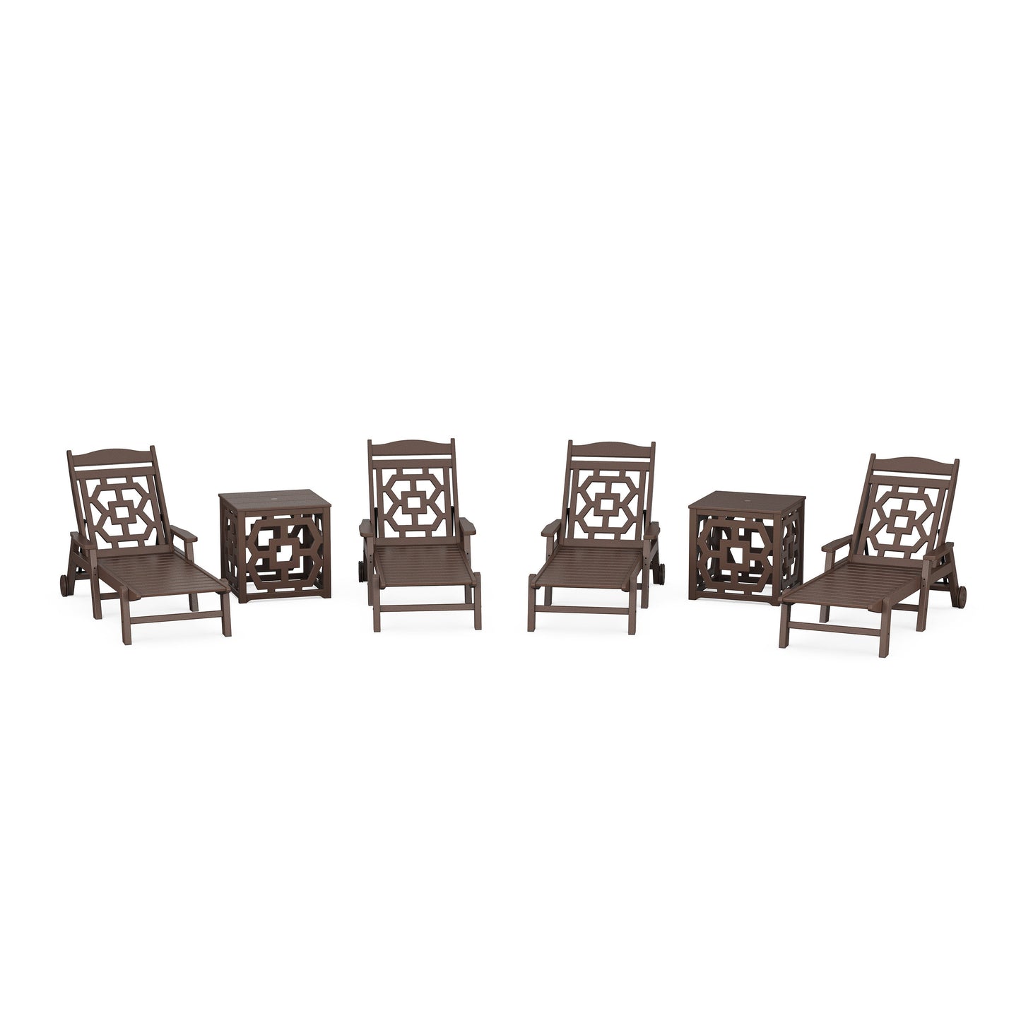 POLYWOOD Chinoiserie 6-Piece Chaise Set with Umbrella Stand Accent Table — Mahogany