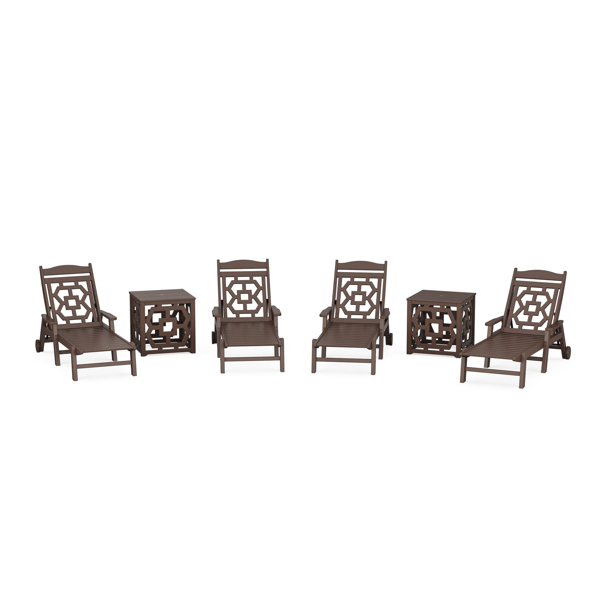 POLYWOOD Chinoiserie 6-Piece Chaise Set with Umbrella Stand Accent Table — Mahogany