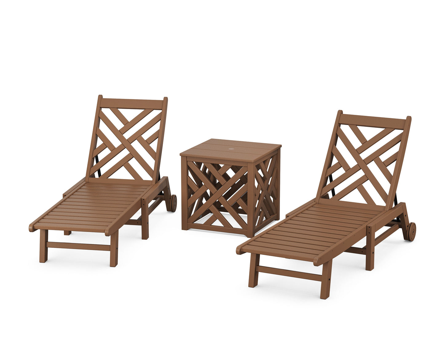 POLYWOOD Chippendale 3-Piece Chaise Set with Wheels and Umbrella Stand Accent Table — Teak