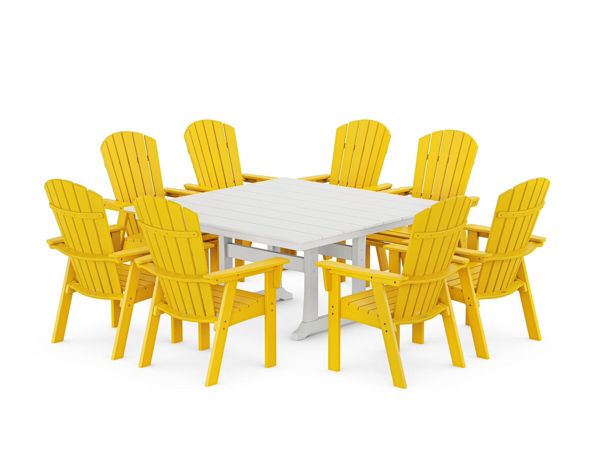 POLYWOOD Nautical Curveback Adirondack 9-Piece Square Dining Set with Trestle Legs — Lemon / White