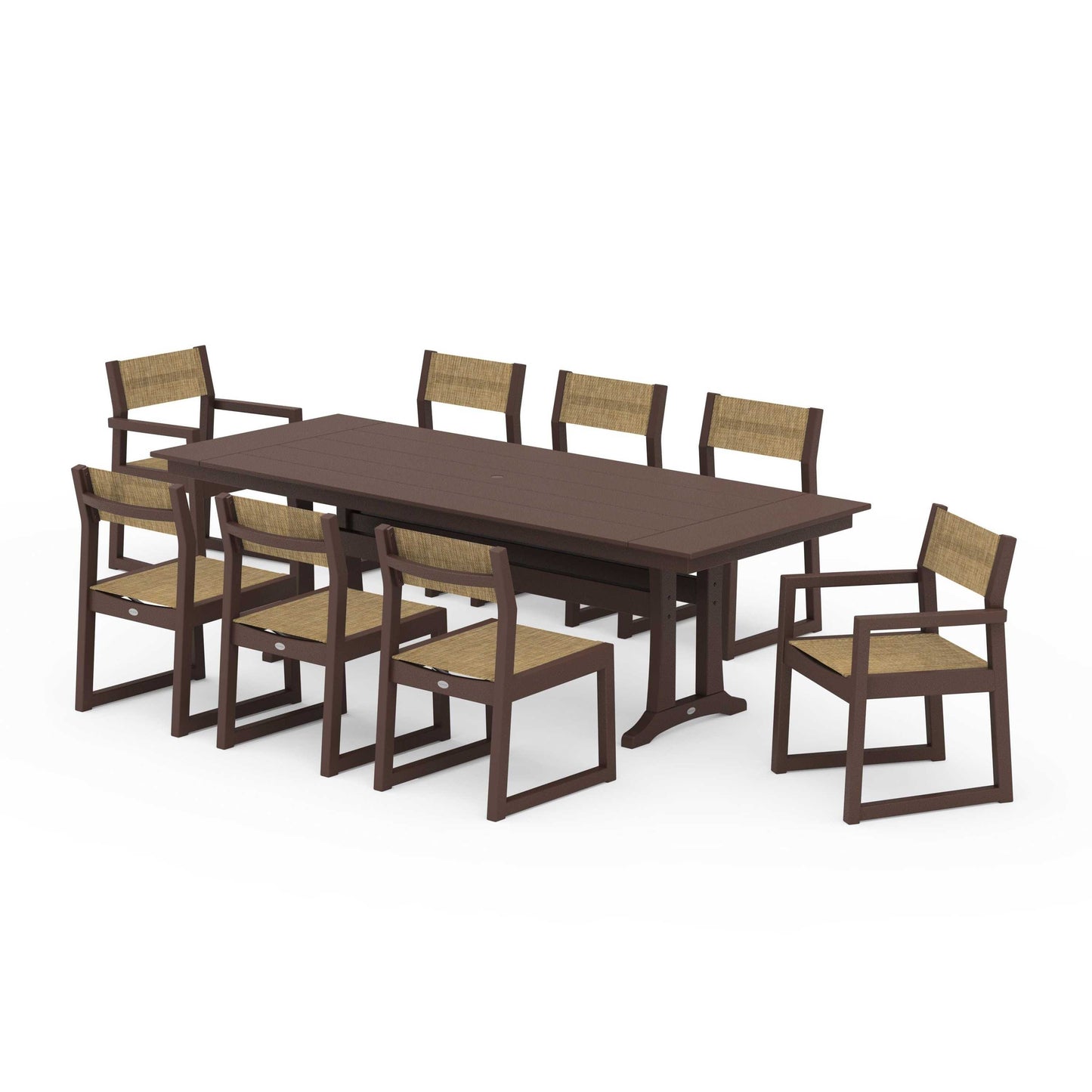 POLYWOOD EDGE Sling 9-Piece Farmhouse Trestle Dining Set — Mahogany / Burlap Sling