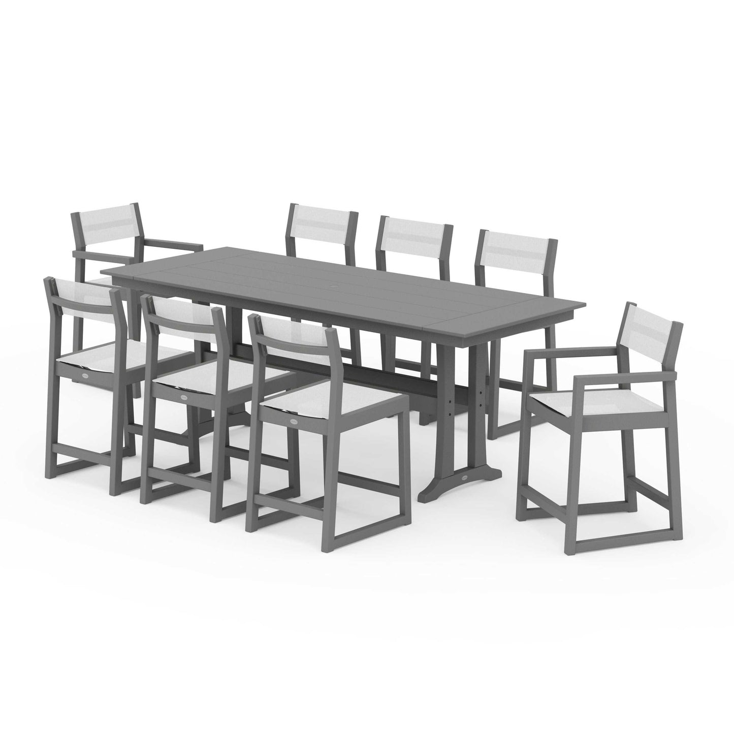 POLYWOOD EDGE Sling 9-Piece Farmhouse Counter Set with Trestle Legs — Slate Grey / White Sling