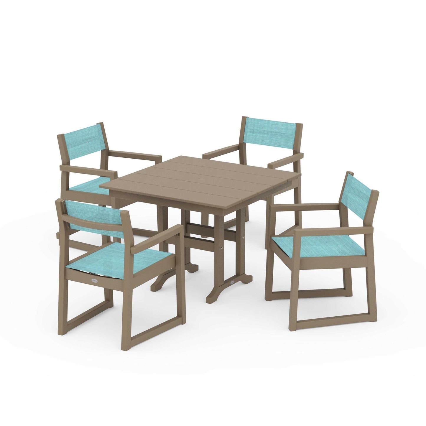 POLYWOOD EDGE Sling Arm Chair 5-Piece Farmhouse Dining Set — Vintage Sahara / Dupioni Aquamarine Sling