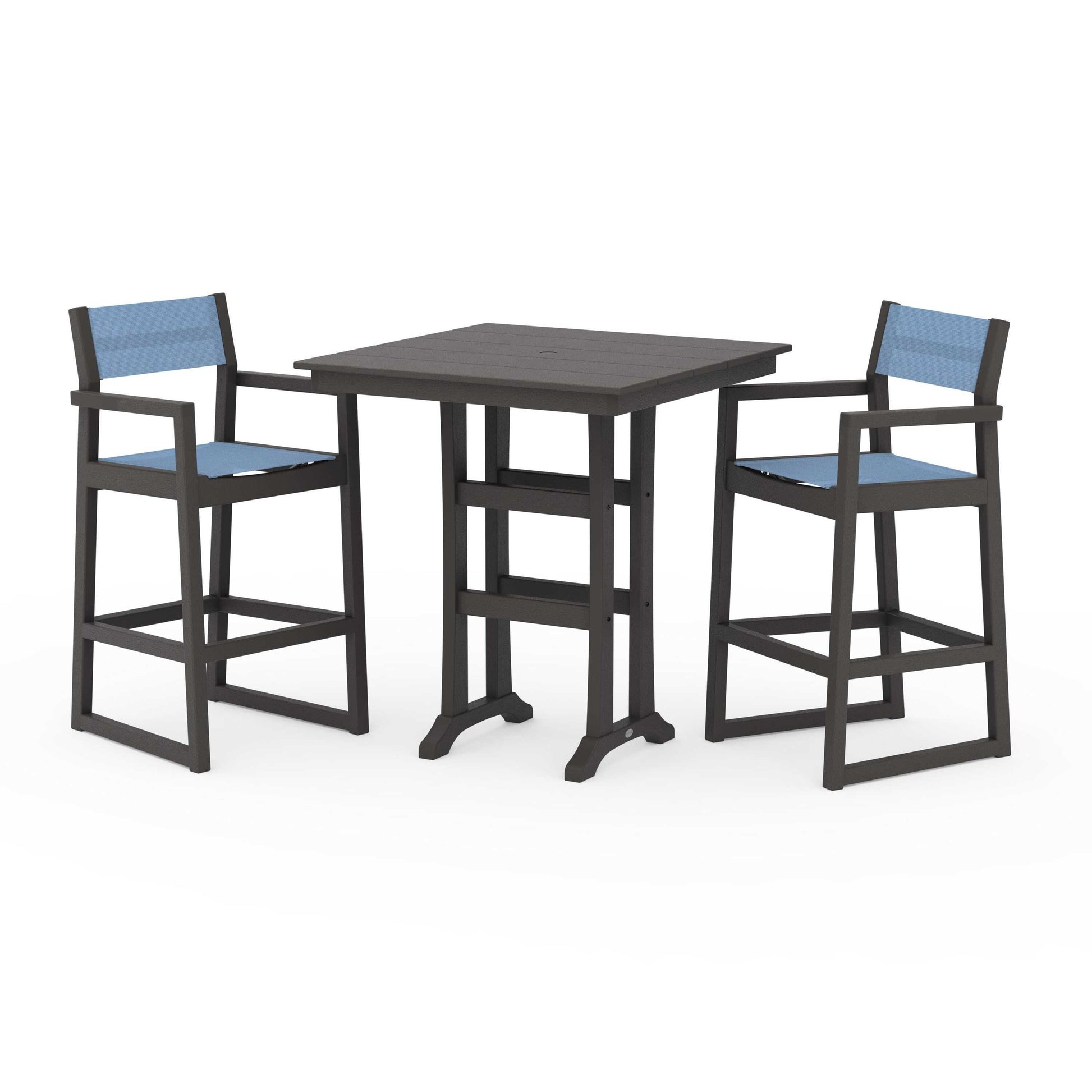 POLYWOOD EDGE Sling Arm Chair 3-Piece Farmhouse Bar Set with Trestle Legs — Vintage Coffee / Poolside Sling