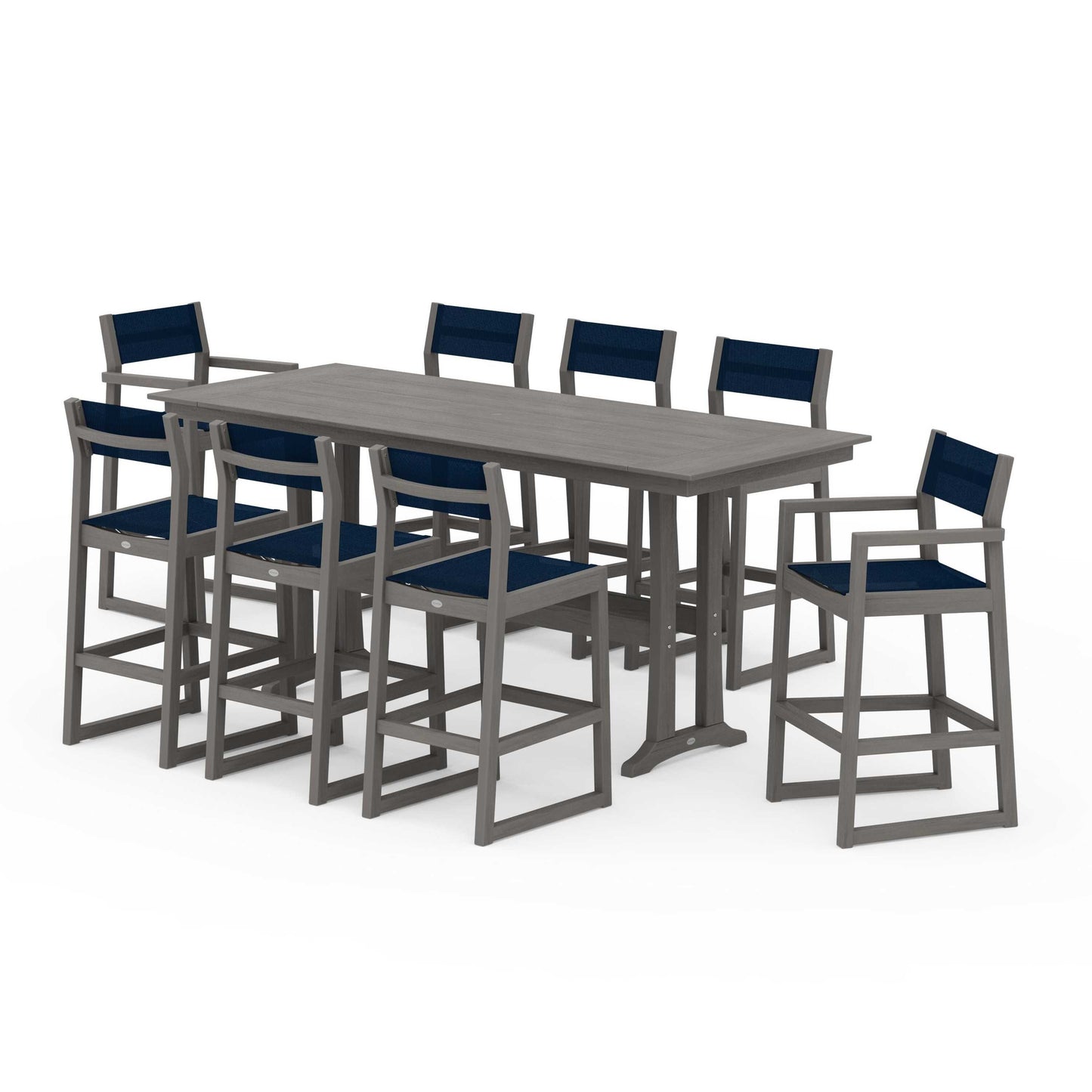POLYWOOD EDGE Sling 9-Piece Farmhouse Bar Set with Trestle Legs — Driftwood / Navy Blue Sling