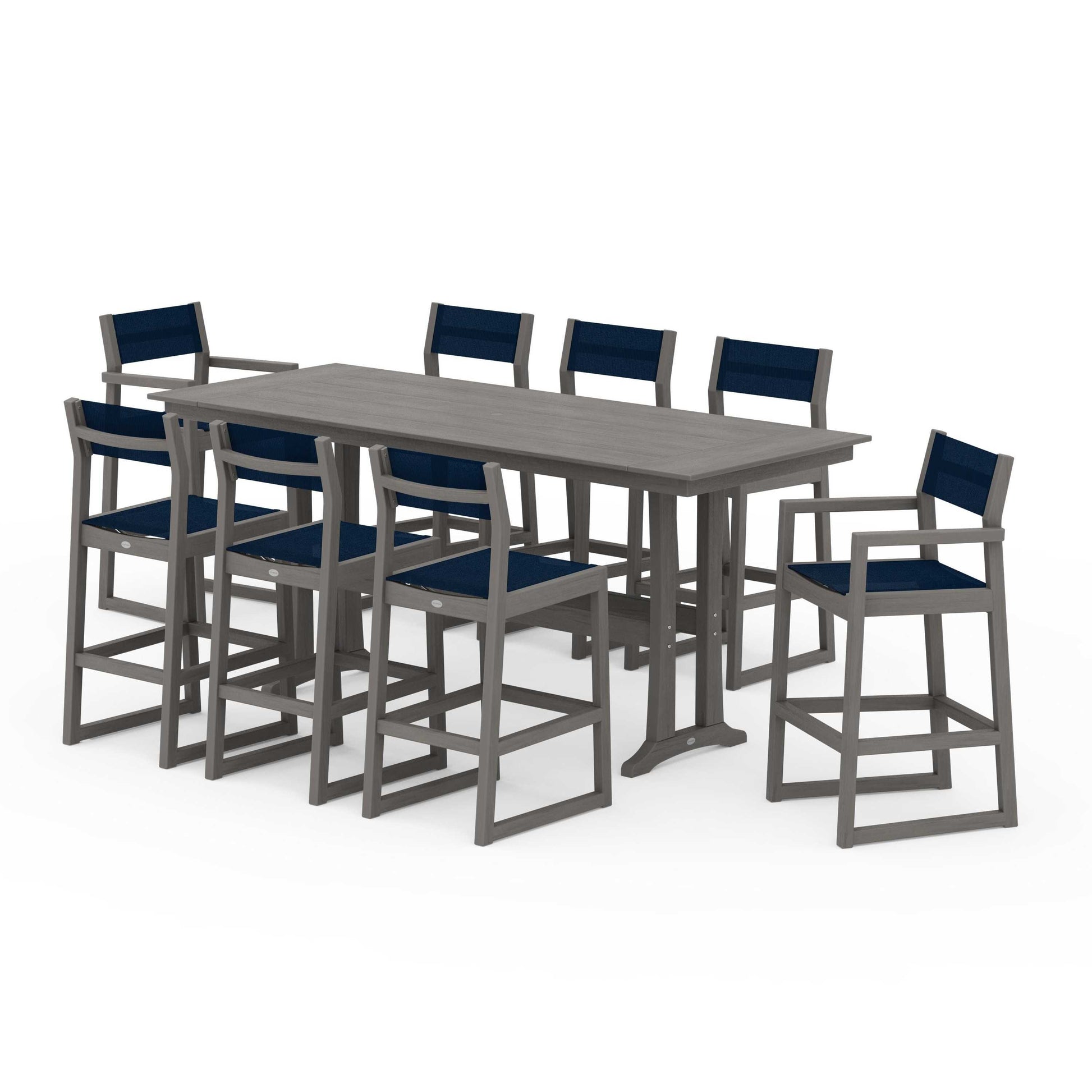 POLYWOOD EDGE Sling 9-Piece Farmhouse Bar Set with Trestle Legs — Driftwood / Navy Blue Sling