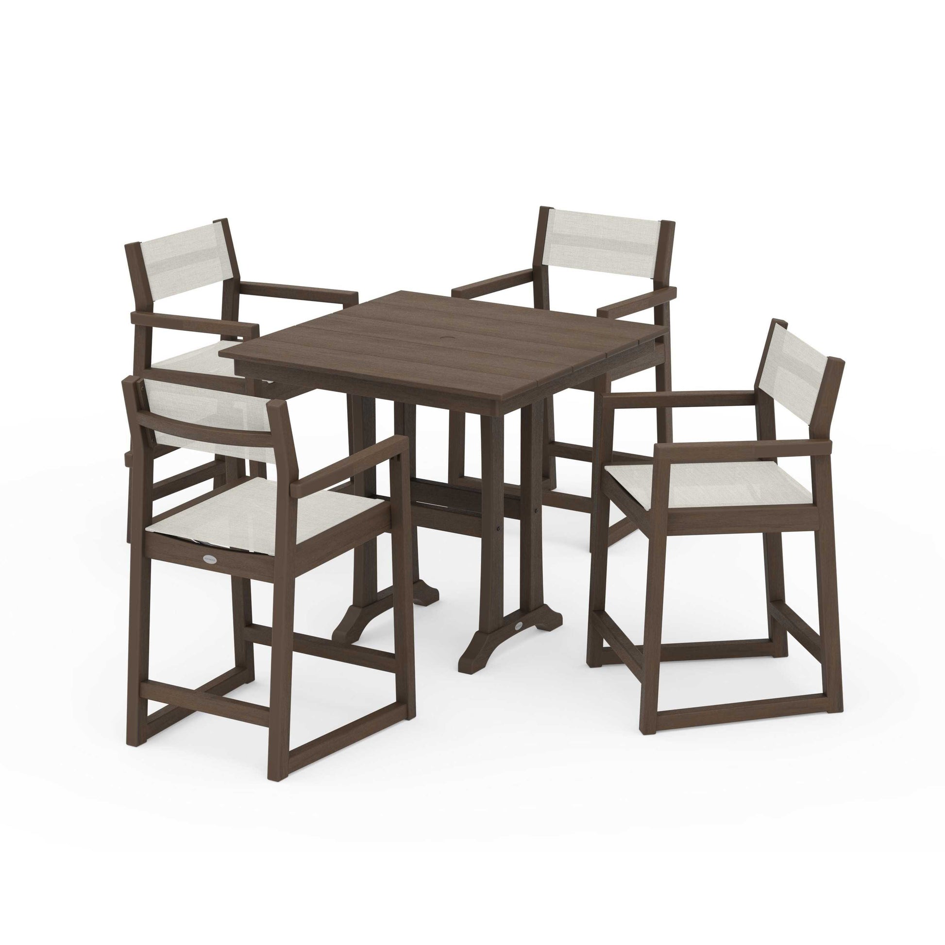 POLYWOOD EDGE Sling Arm Chair 5-Piece Farmhouse Counter Set with Trestle Legs — Kona / Parchment Sling