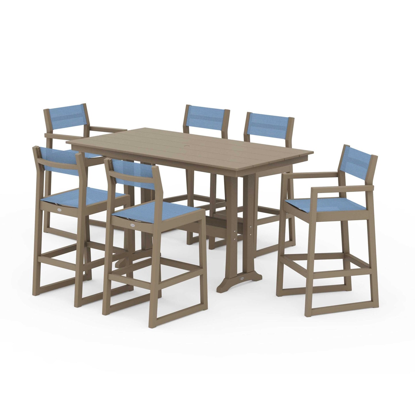 POLYWOOD EDGE Sling 7-Piece Farmhouse Bar Set with Trestle Legs — Vintage Sahara / Poolside Sling