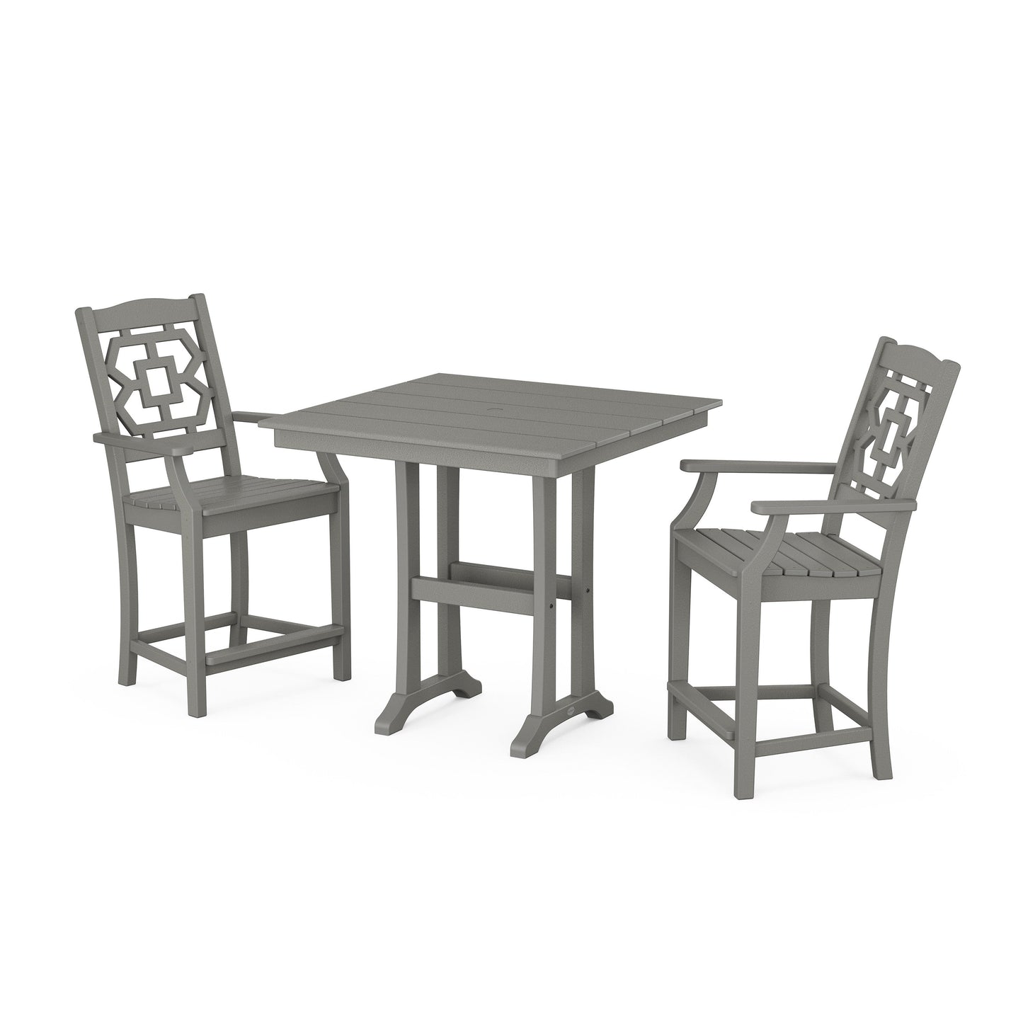 POLYWOOD Chinoiserie 3-Piece Farmhouse Counter Set with Trestle Legs — Slate Grey