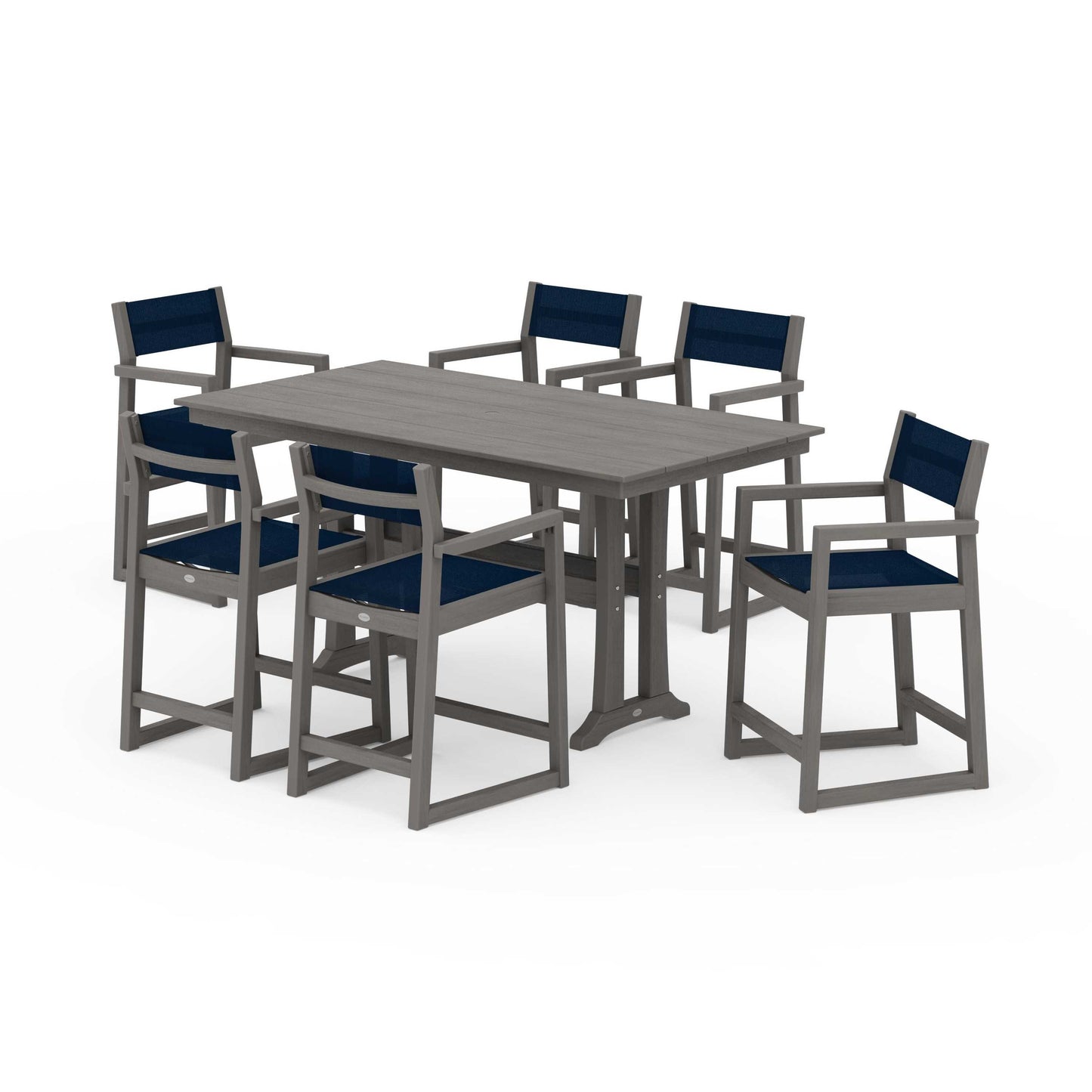 POLYWOOD EDGE Sling Arm Chair 7-Piece Farmhouse Counter Set with Trestle Legs — Driftwood / Navy Blue Sling