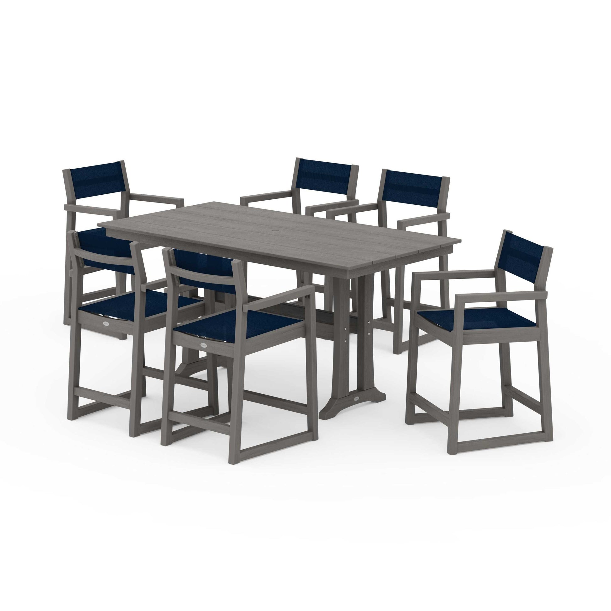 POLYWOOD EDGE Sling Arm Chair 7-Piece Farmhouse Counter Set with Trestle Legs — Driftwood / Navy Blue Sling