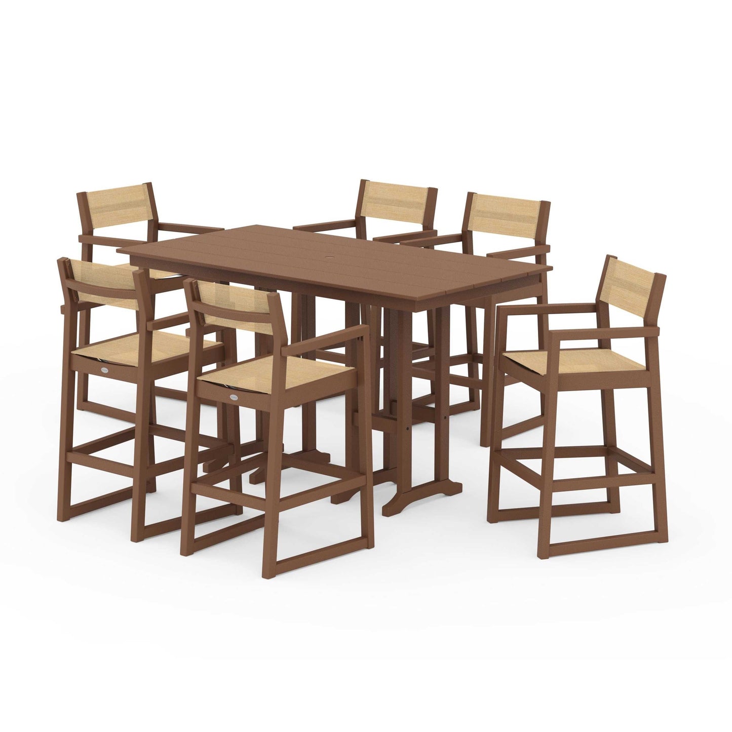 POLYWOOD EDGE Sling Arm Chair 7-Piece Farmhouse Bar Set — Teak / Dupioni Apricot Sling