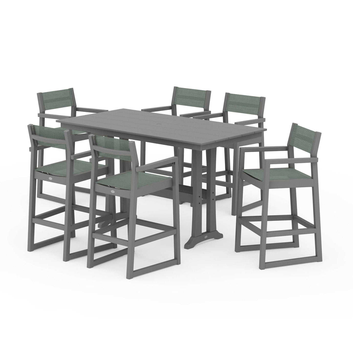POLYWOOD EDGE Sling Arm Chair 7-Piece Farmhouse Bar Set with Trestle Legs — Slate Grey / Dupioni Sea Mist Sling
