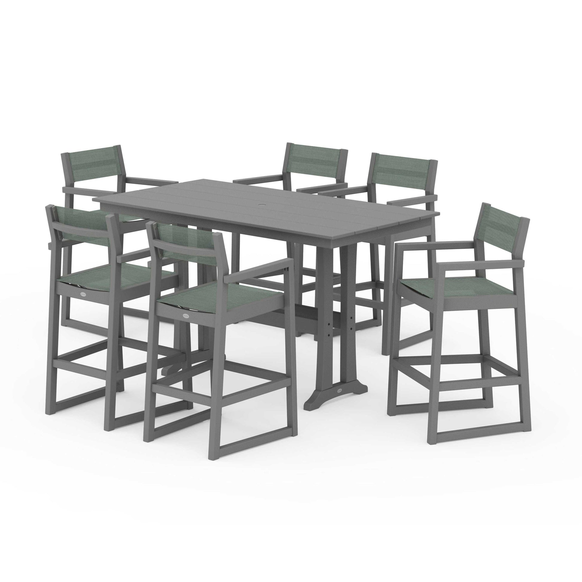 POLYWOOD EDGE Sling Arm Chair 7-Piece Farmhouse Bar Set with Trestle Legs — Slate Grey / Dupioni Sea Mist Sling