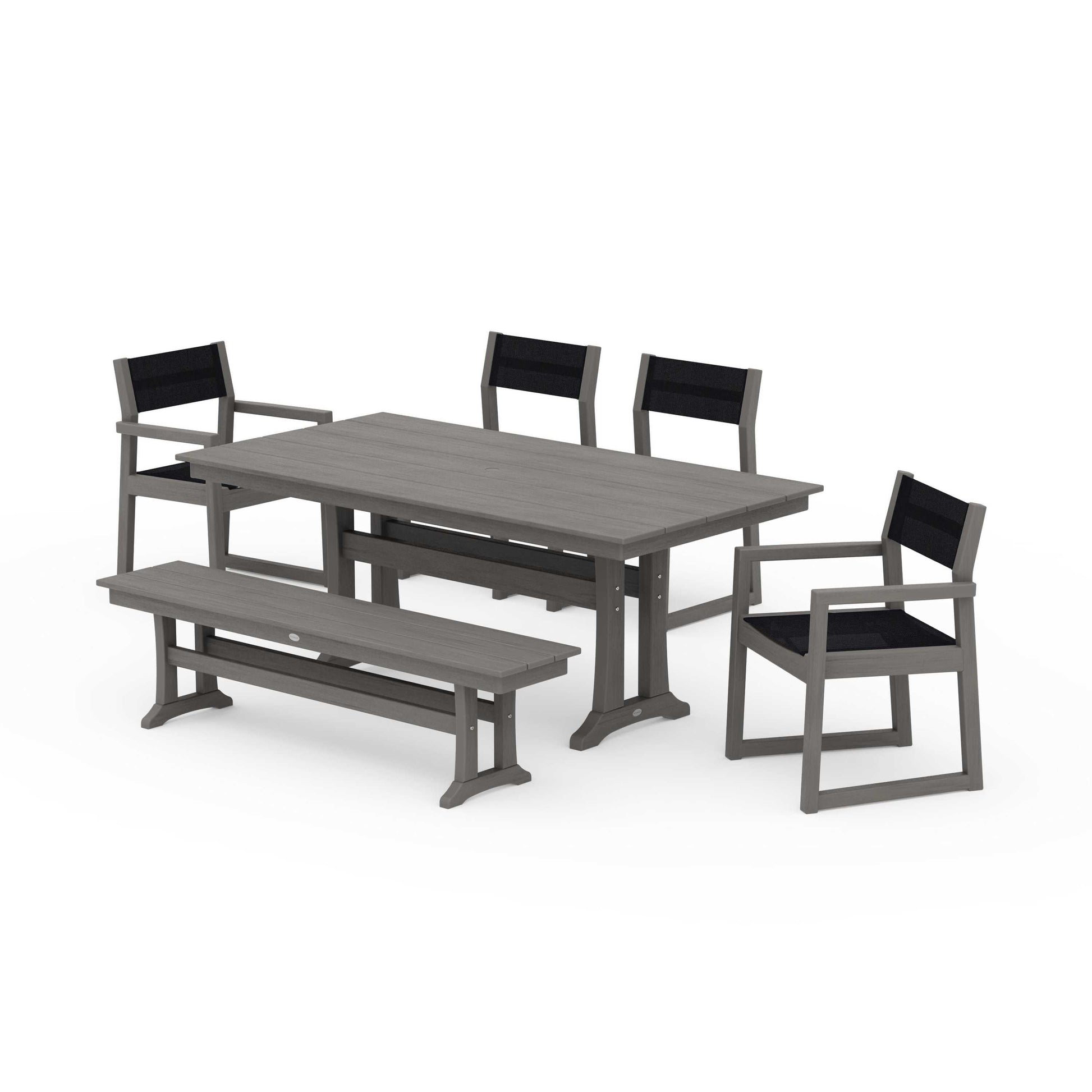 POLYWOOD EDGE Sling 6-Piece Farmhouse Dining Set With Trestle Legs — Driftwood / Black Sling