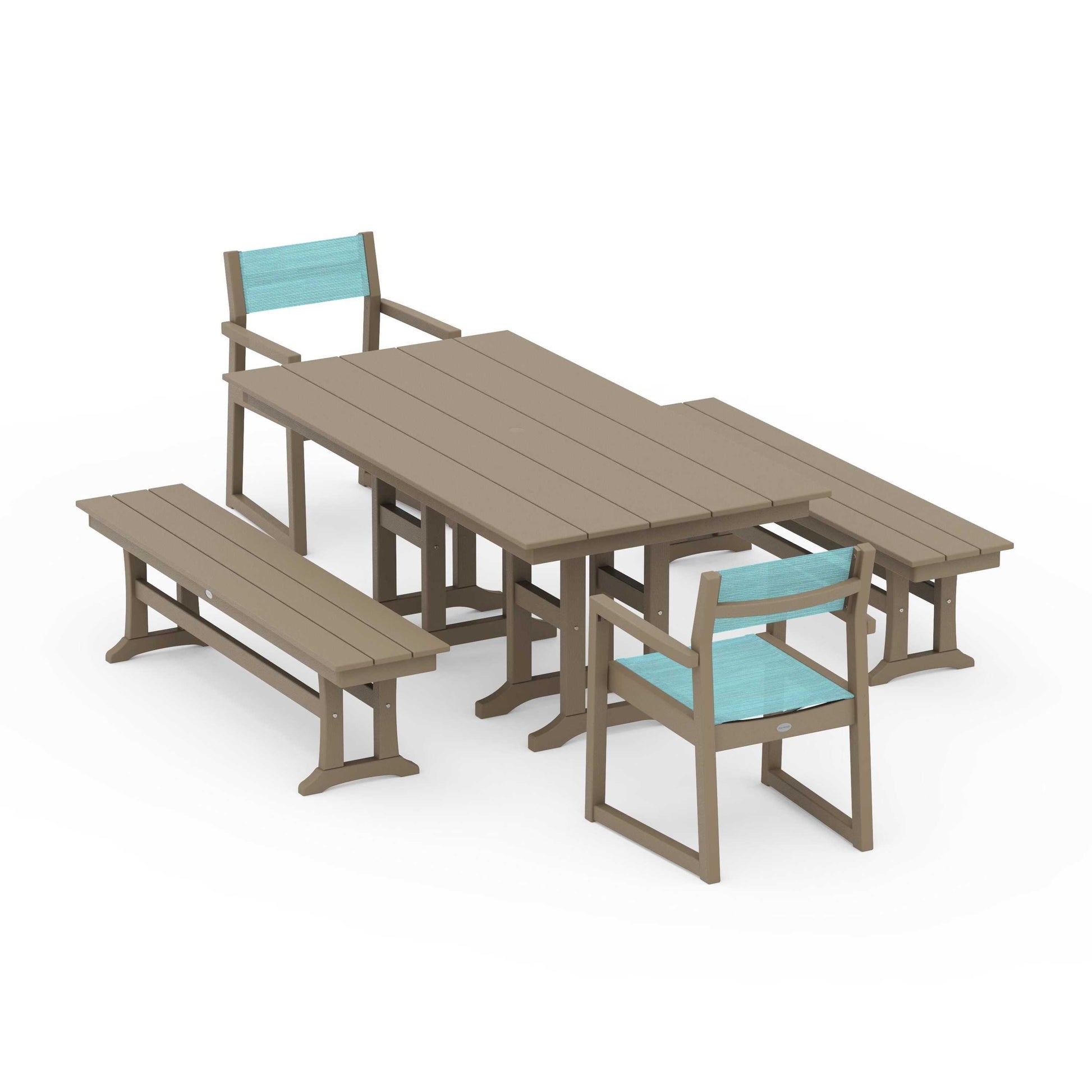 POLYWOOD EDGE Sling Arm Chair 5-Piece Farmhouse Dining Set with Benches — Vintage Sahara / Dupioni Aquamarine Sling