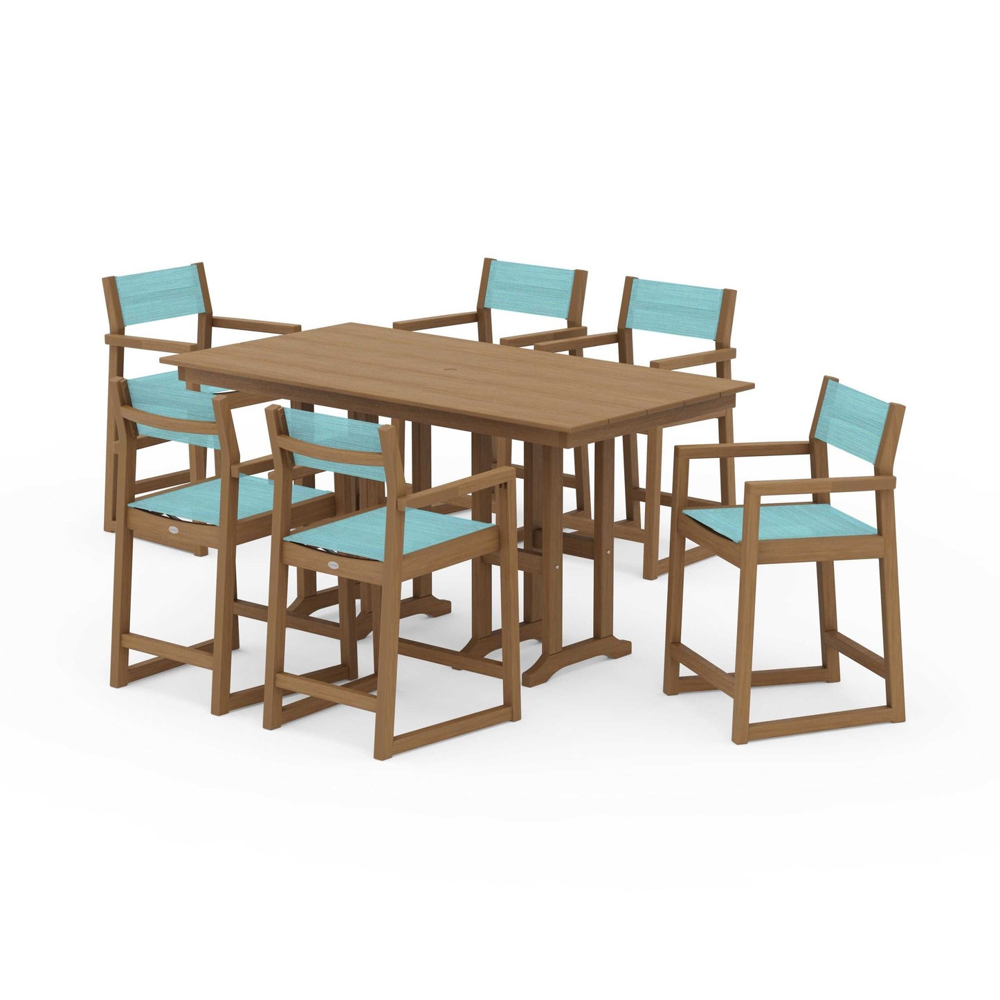 POLYWOOD EDGE Sling Arm Chair 7-Piece Farmhouse Counter Set — Natural / Dupioni Aquamarine Sling