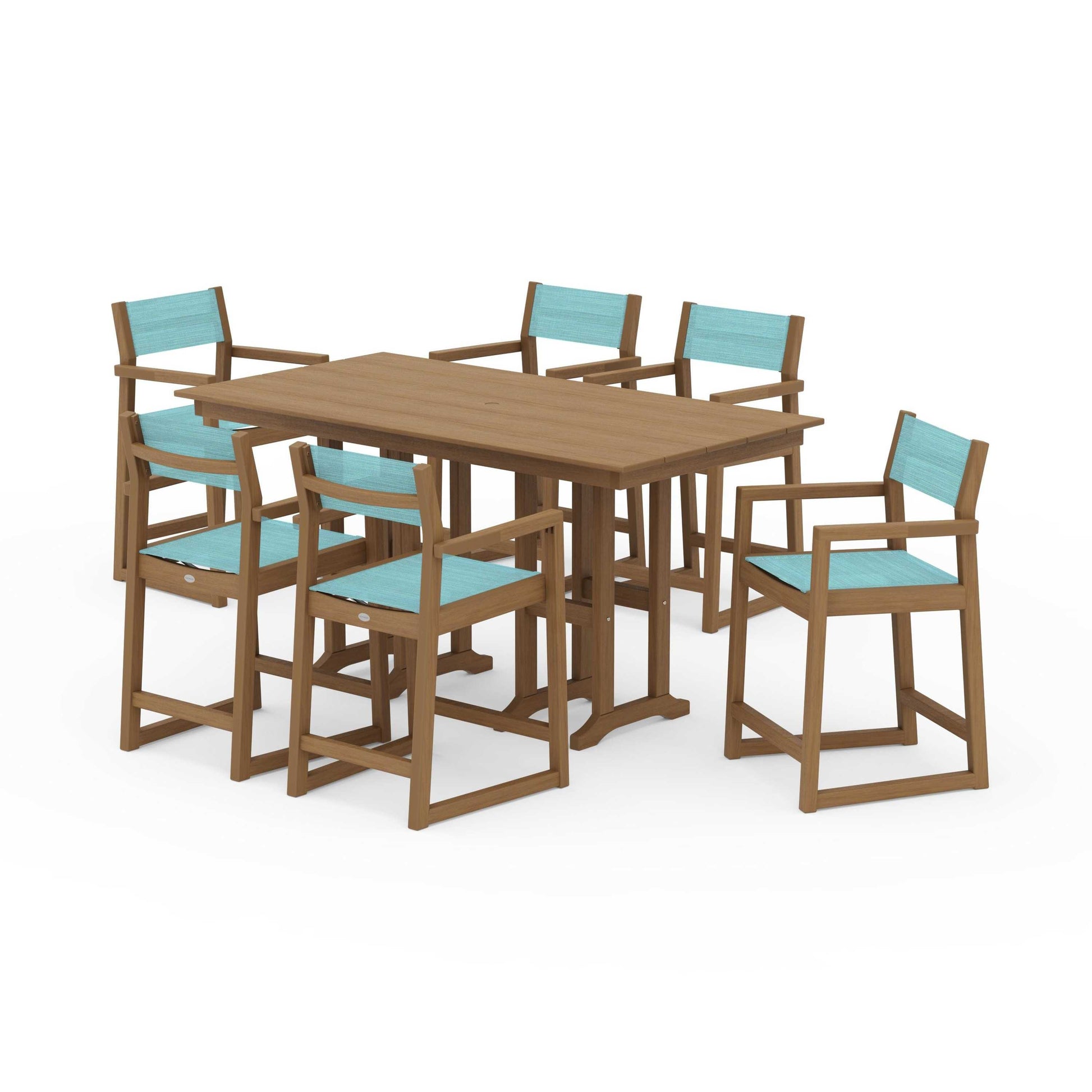 POLYWOOD EDGE Sling Arm Chair 7-Piece Farmhouse Counter Set — Natural / Dupioni Aquamarine Sling
