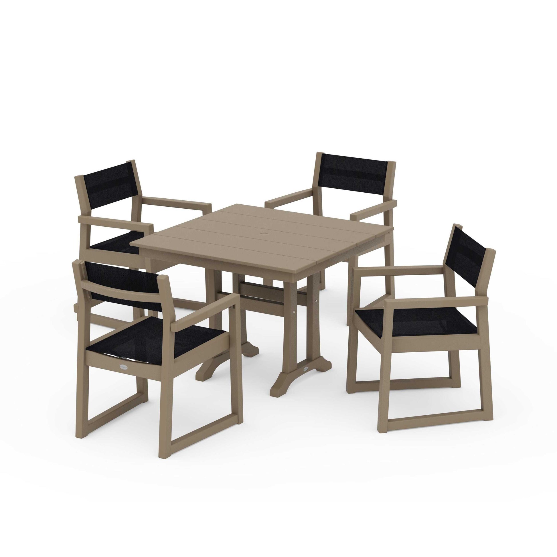 POLYWOOD EDGE Sling 5-Piece Farmhouse Dining Set with Trestle Legs — Vintage Sahara / Black Sling