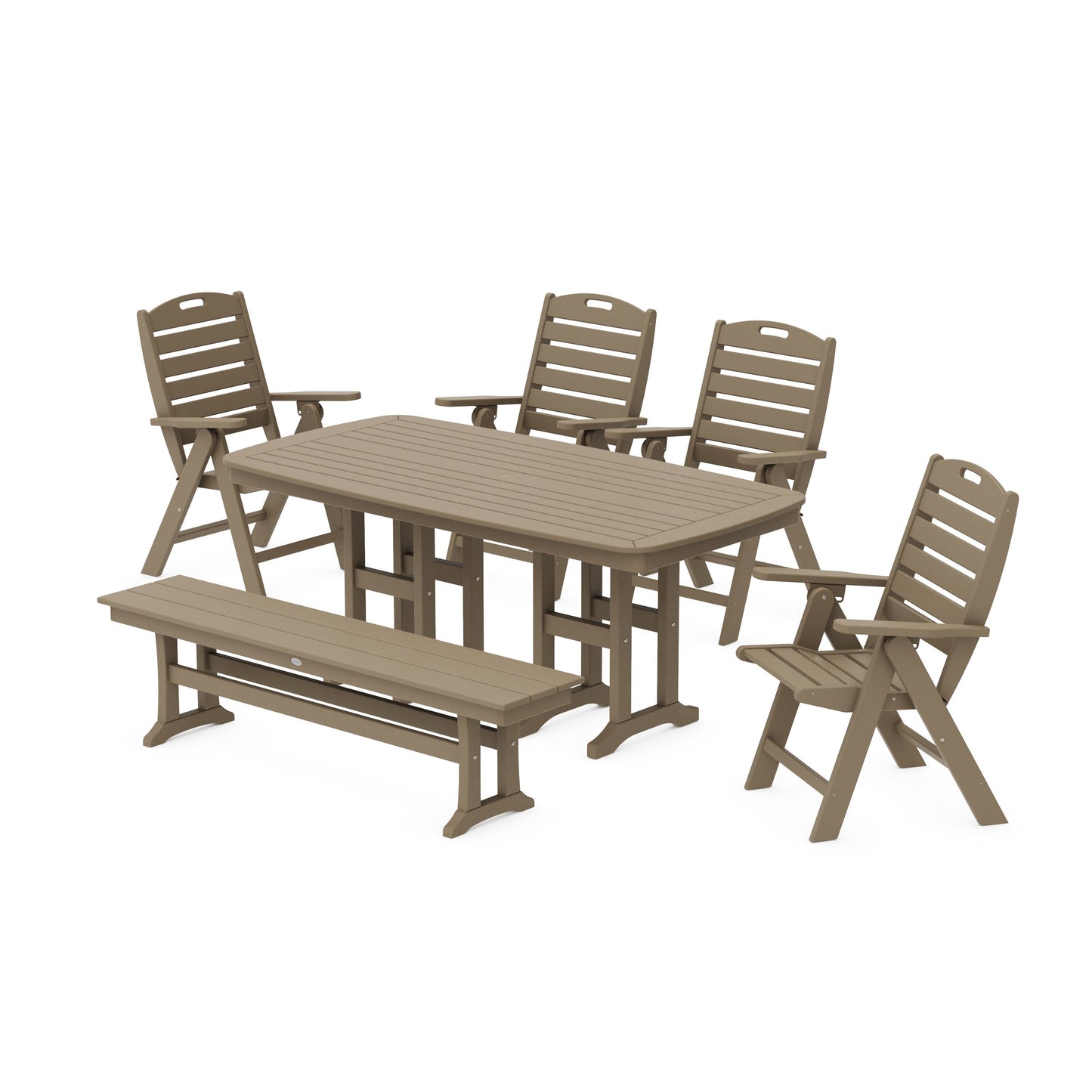 POLYWOOD Nautical Highback 6-Piece Dining Set with Bench — Vintage Sahara