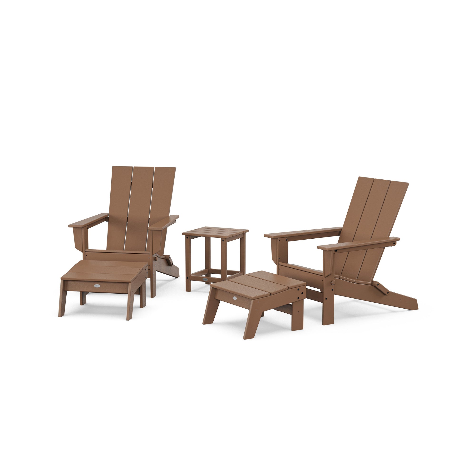 POLYWOOD 5-Piece Modern Studio Folding Adirondack Set with Ottomans and Side Table — Teak