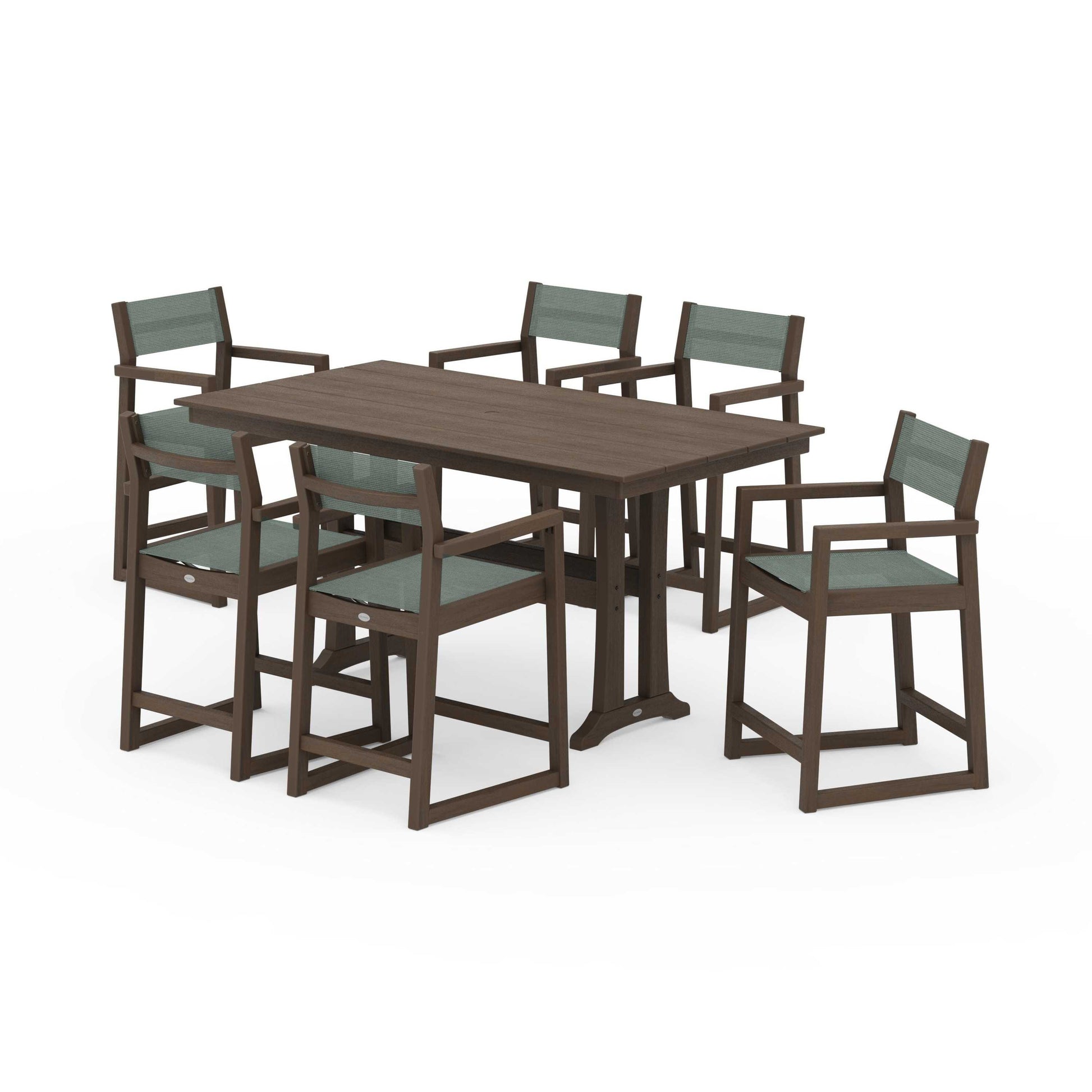 POLYWOOD EDGE Sling Arm Chair 7-Piece Farmhouse Counter Set with Trestle Legs — Kona / Dupioni Sea Mist Sling