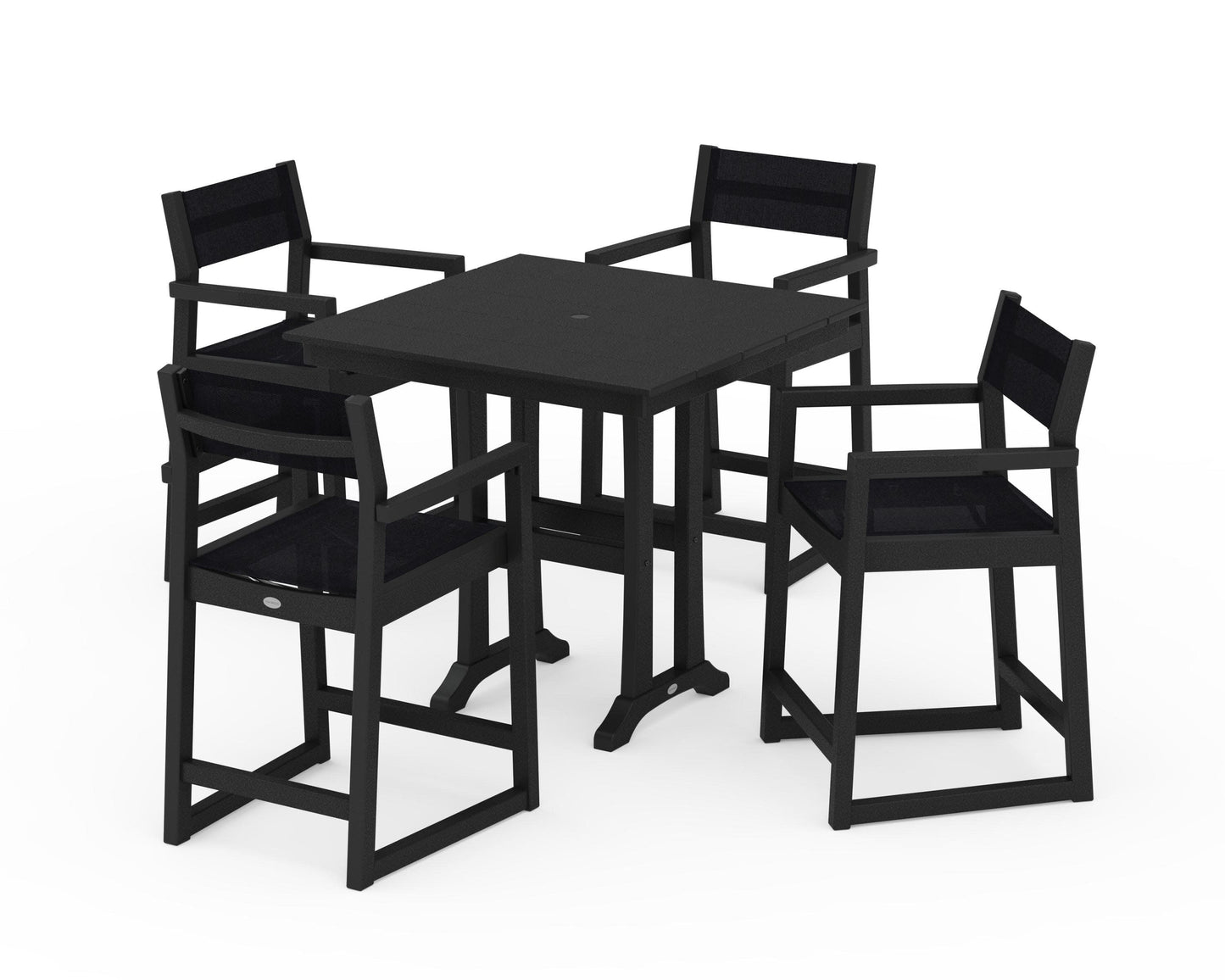 POLYWOOD EDGE Sling Arm Chair 5-Piece Farmhouse Counter Set with Trestle Legs — Black / Black Sling