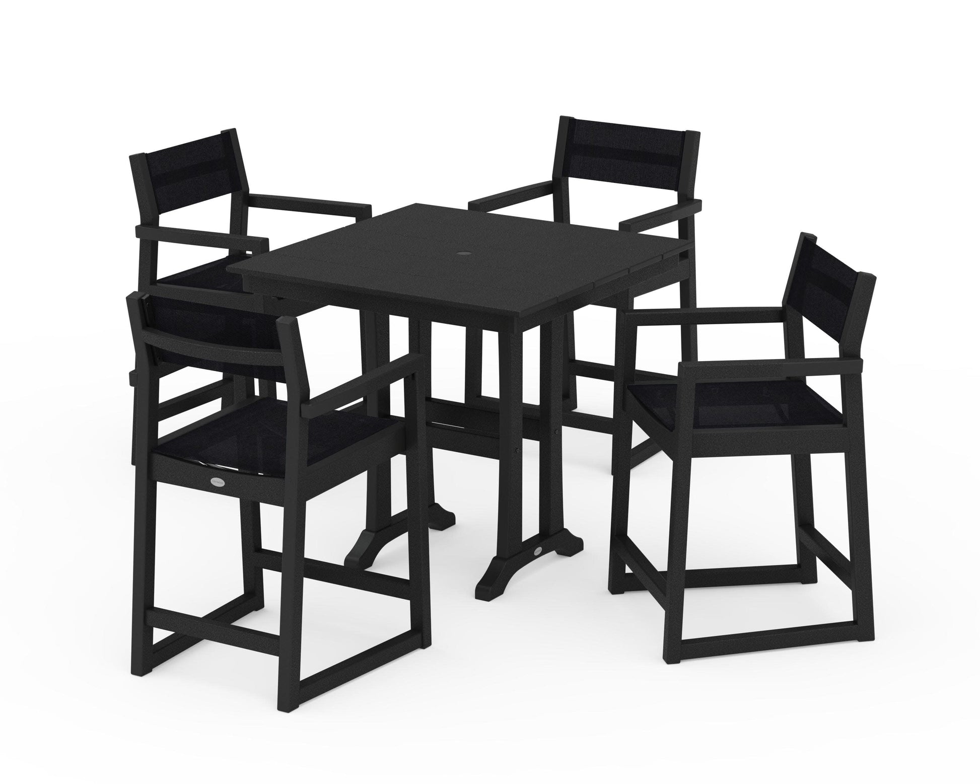 POLYWOOD EDGE Sling Arm Chair 5-Piece Farmhouse Counter Set with Trestle Legs — Black / Black Sling