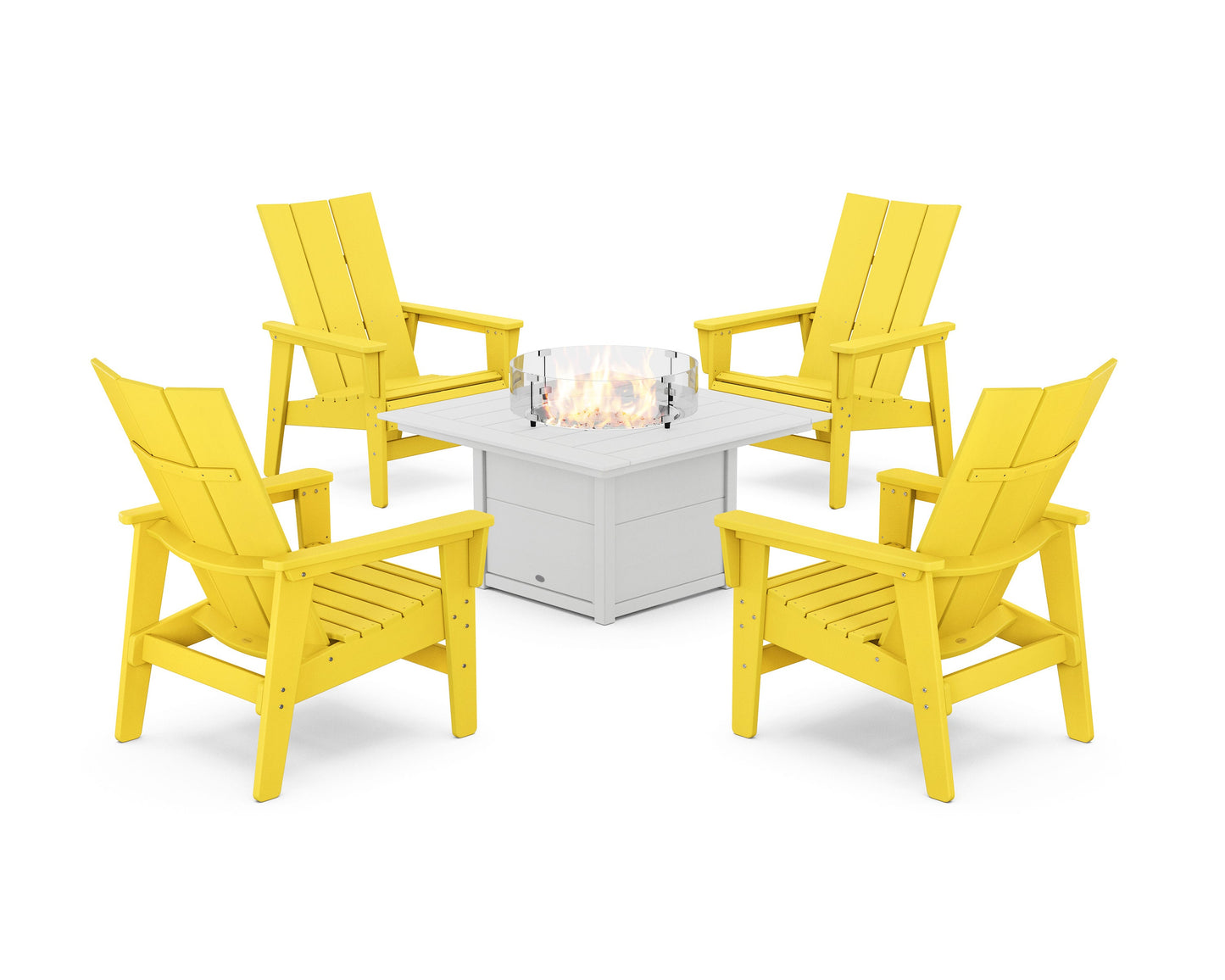 POLYWOOD 5-Piece Modern Grand Upright Adirondack Conversation Set with Fire Pit Table — Lemon / White