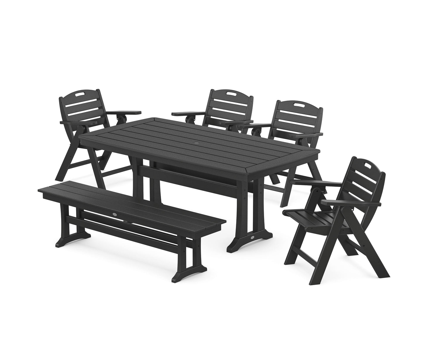 POLYWOOD Nautical Lowback 6-Piece Dining Set with Trestle Legs and Bench — Black