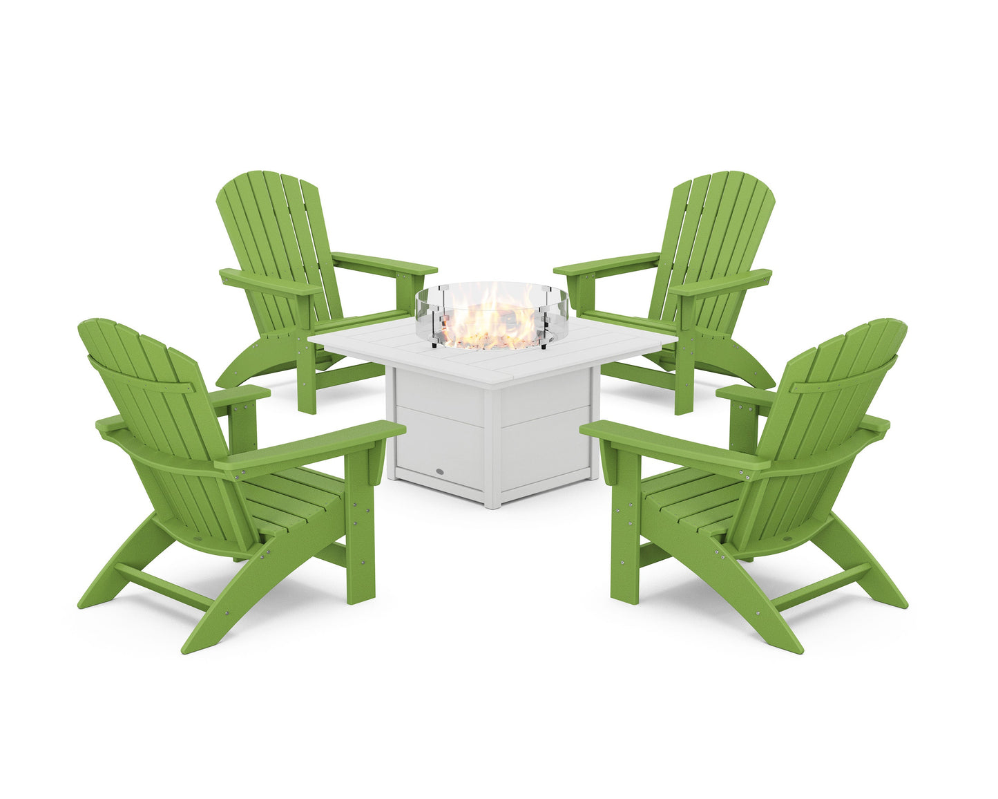 POLYWOOD 5-Piece Nautical Grand Adirondack Conversation Set with Fire Pit Table — Lime / White