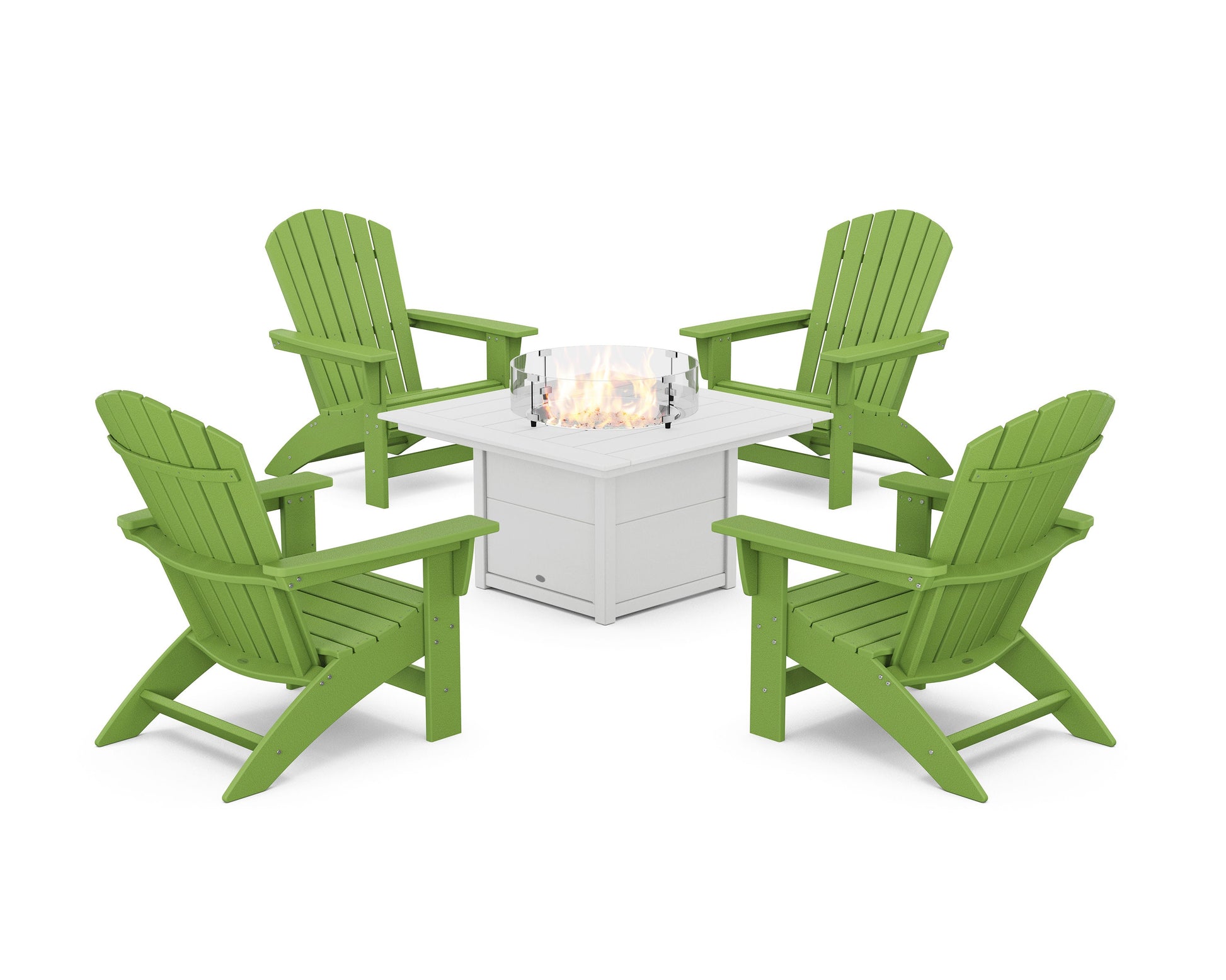 POLYWOOD 5-Piece Nautical Grand Adirondack Conversation Set with Fire Pit Table — Lime / White