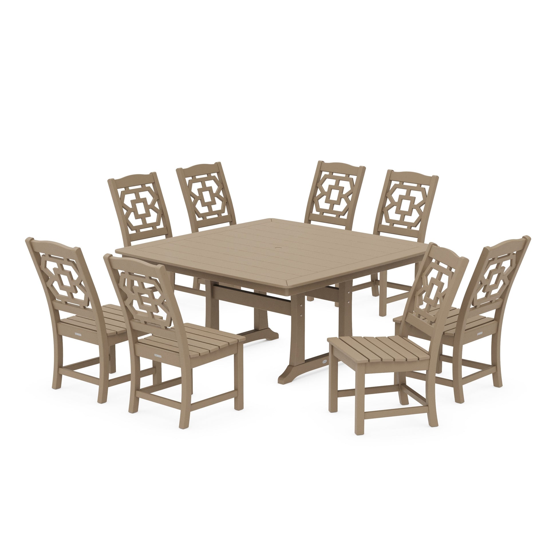POLYWOOD Chinoiserie 9-Piece Square Side Chair Dining Set with Trestle Legs — Vintage Sahara