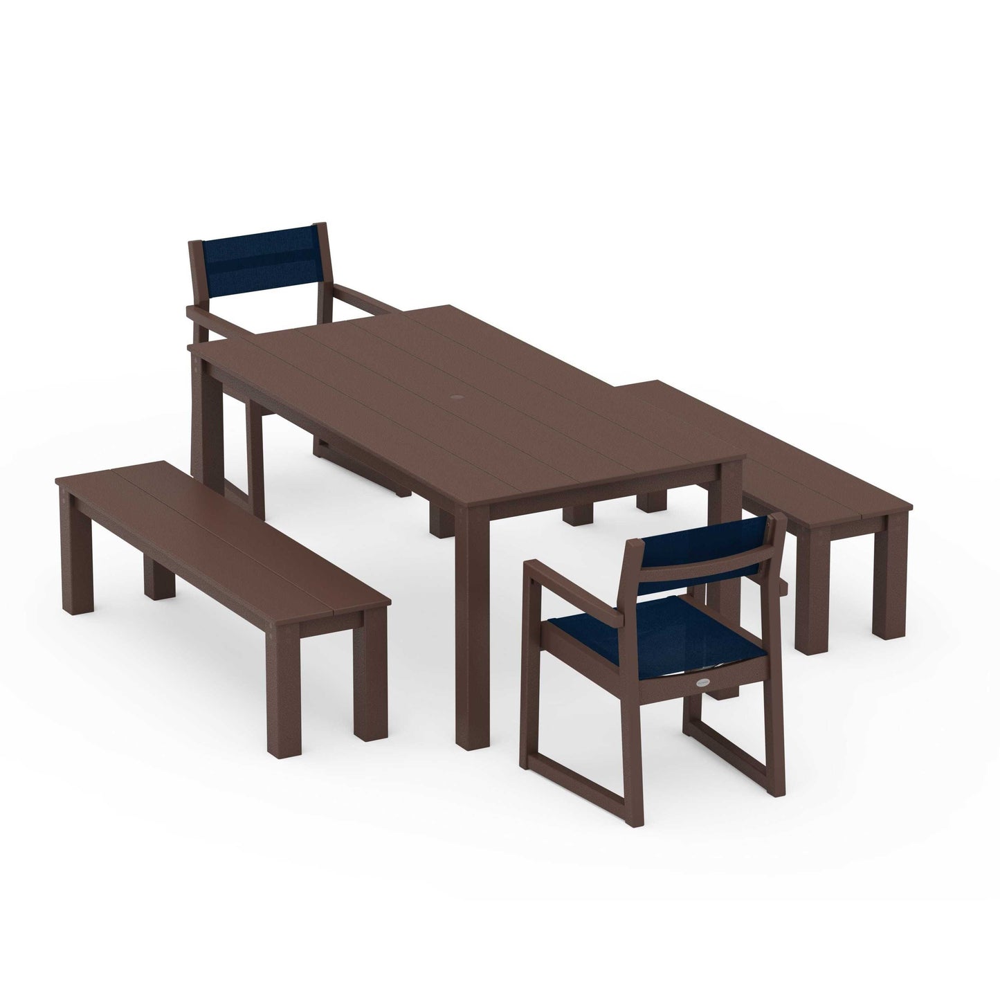 POLYWOOD EDGE Sling Arm Chair 5-Piece Parsons Dining Set with Benches — Mahogany / Navy Blue Sling