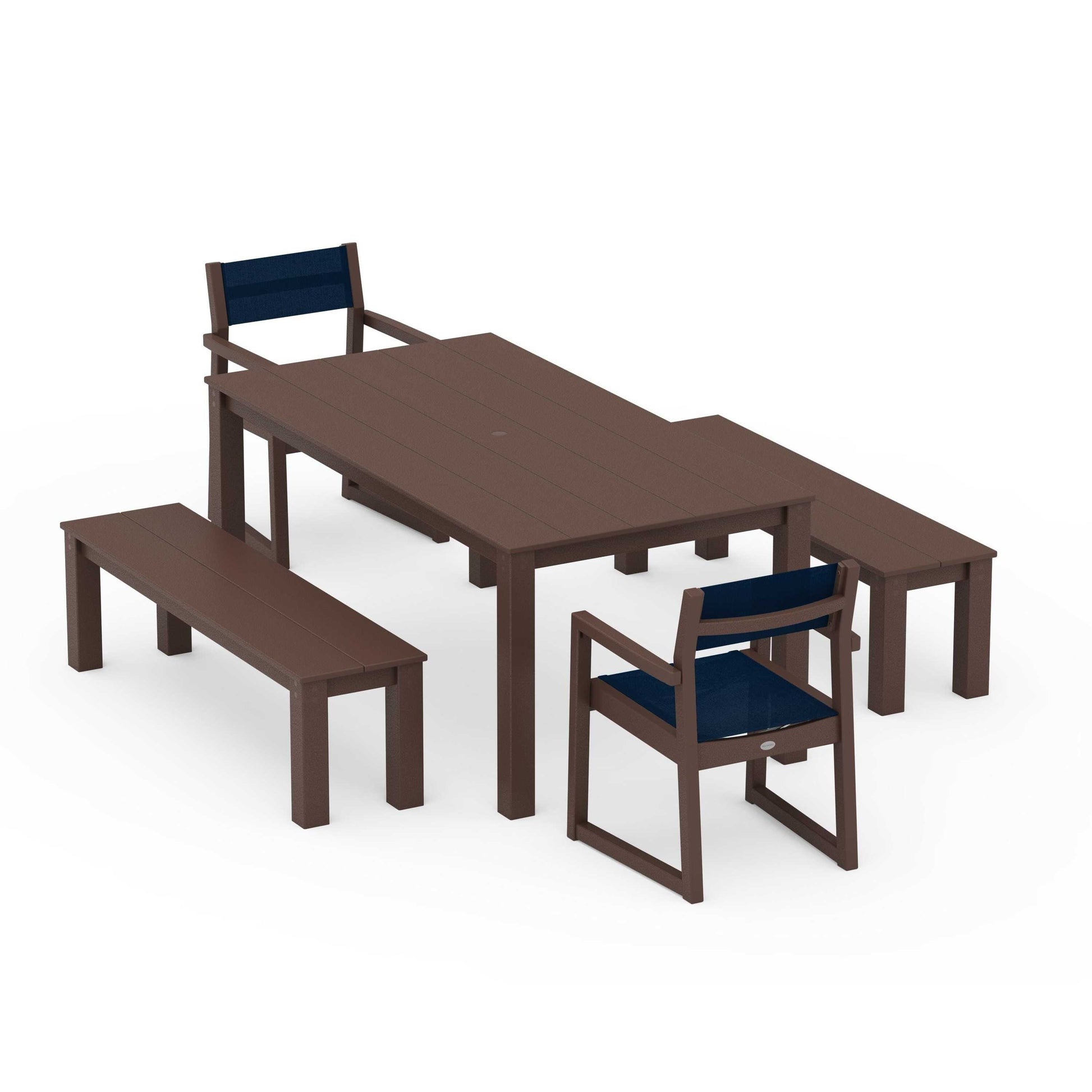 POLYWOOD EDGE Sling Arm Chair 5-Piece Parsons Dining Set with Benches — Mahogany / Navy Blue Sling