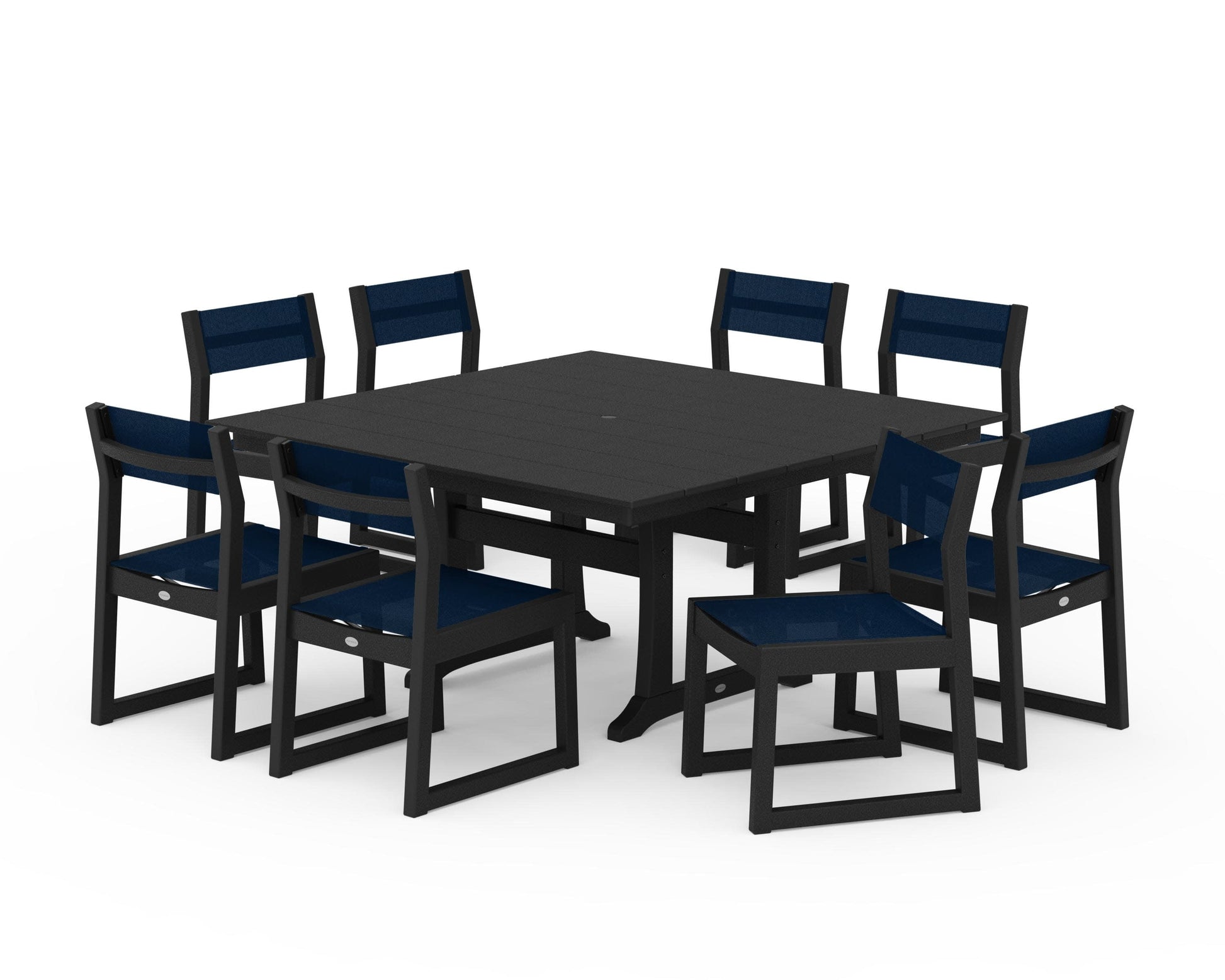POLYWOOD EDGE Sling Side Chair 9-Piece Farmhouse Trestle Dining Set — Black / Navy Blue Sling