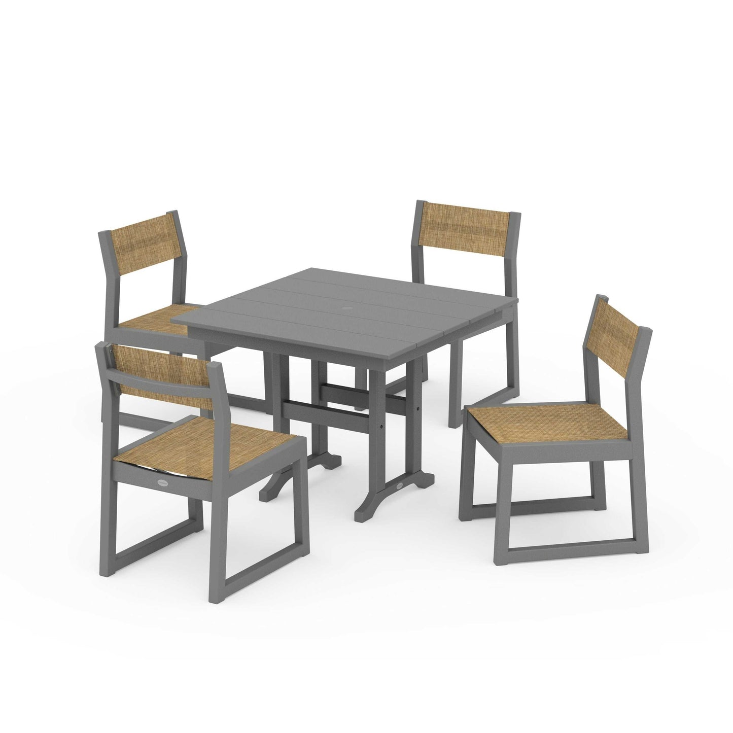 POLYWOOD EDGE Sling Side Chair 5-Piece Farmhouse Dining Set — Slate Grey / Burlap Sling