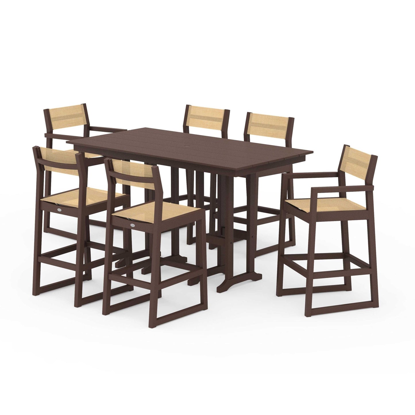 POLYWOOD EDGE Sling 7-Piece Farmhouse Bar Set — Mahogany / Dupioni Apricot Sling