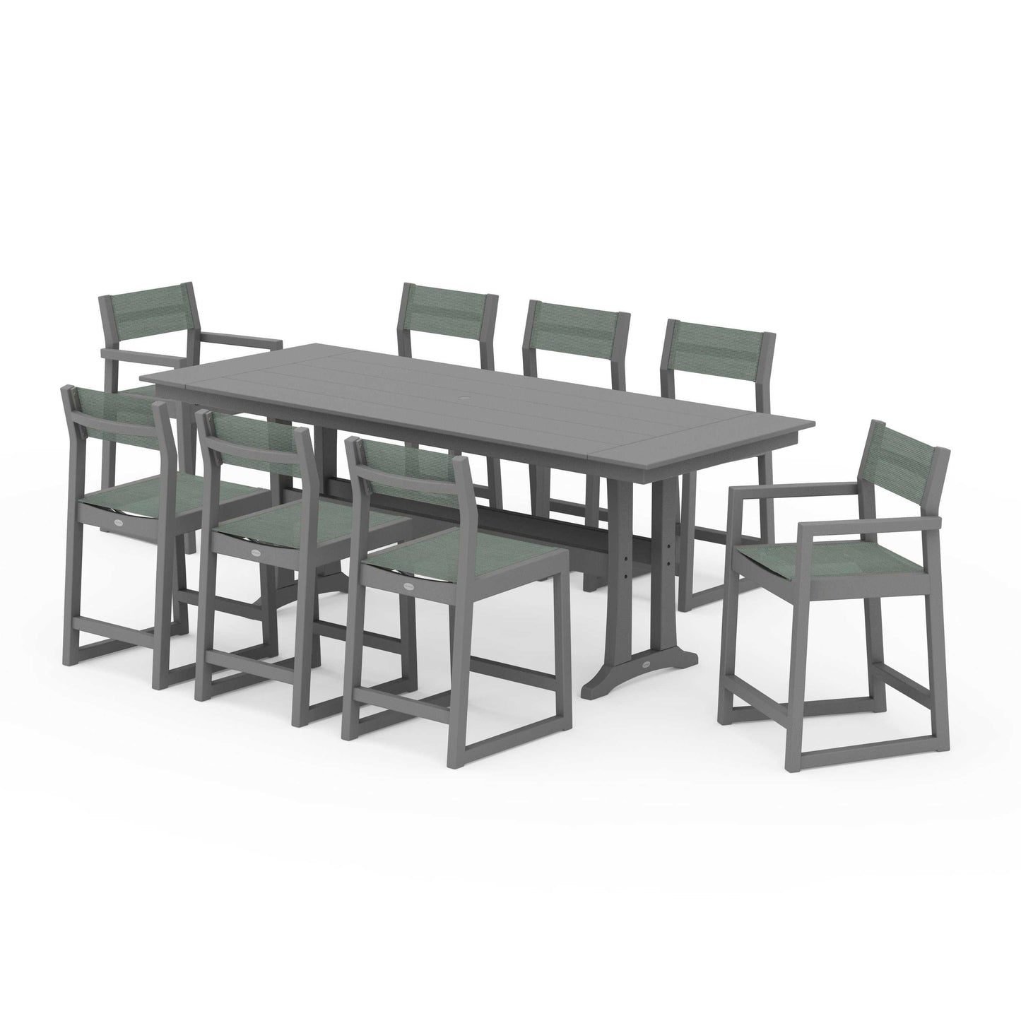 POLYWOOD EDGE Sling 9-Piece Farmhouse Counter Set with Trestle Legs — Slate Grey / Dupioni Sea Mist Sling