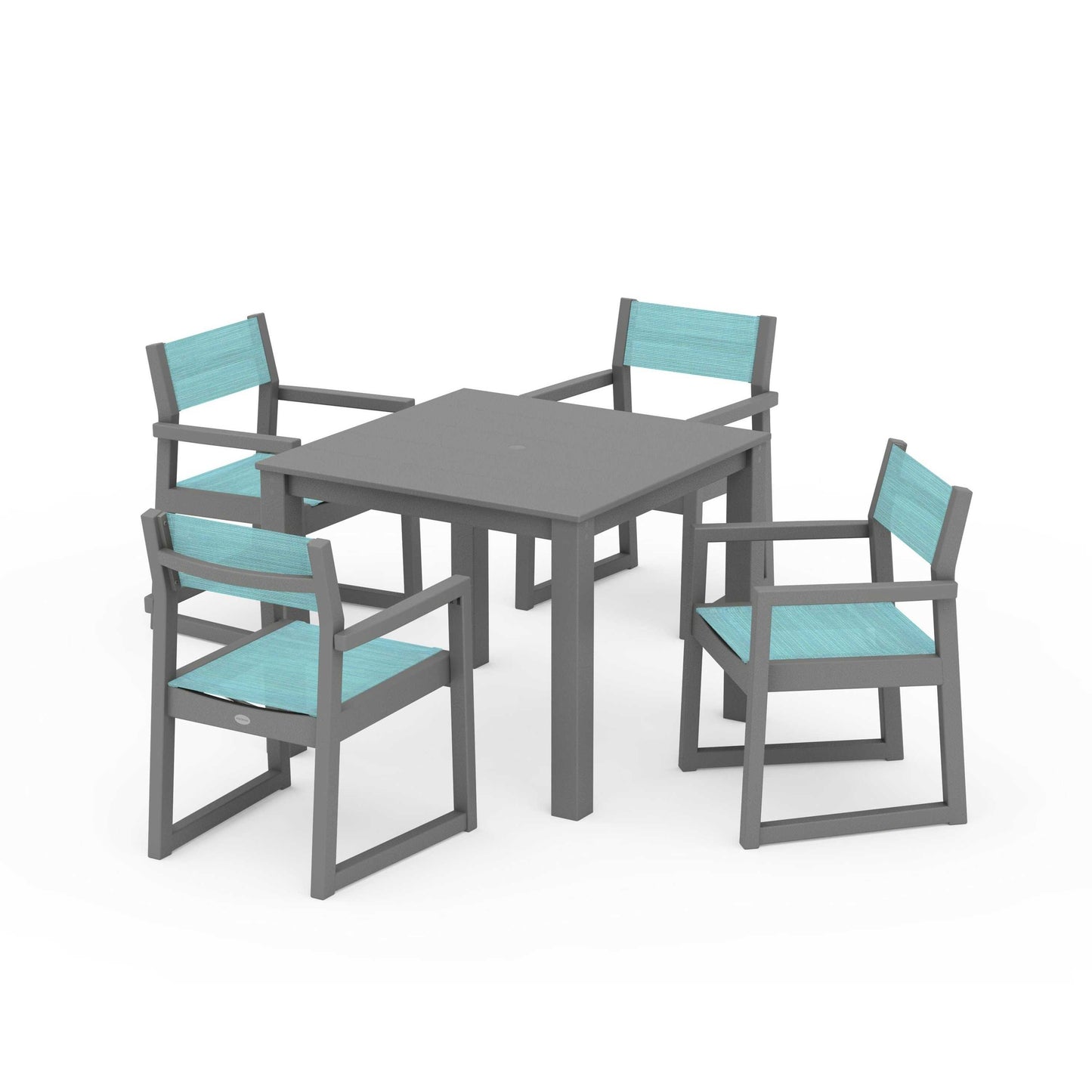 POLYWOOD EDGE Sling Arm Chair 5-Piece Parsons Dining Set — Slate Grey / Dupioni Aquamarine Sling