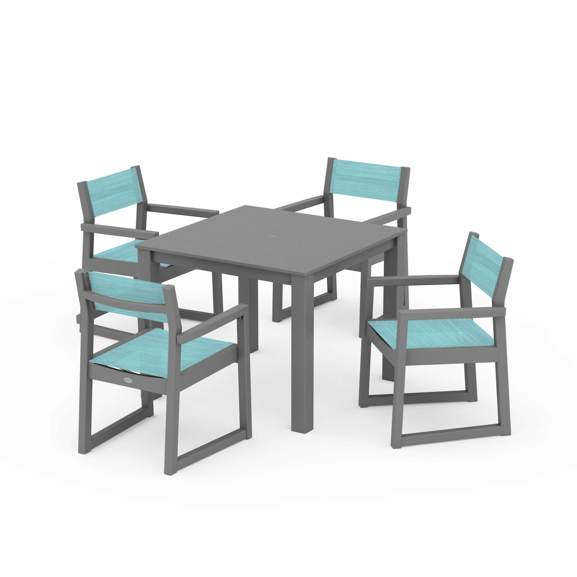 POLYWOOD EDGE Sling Arm Chair 5-Piece Parsons Dining Set — Slate Grey / Dupioni Aquamarine Sling