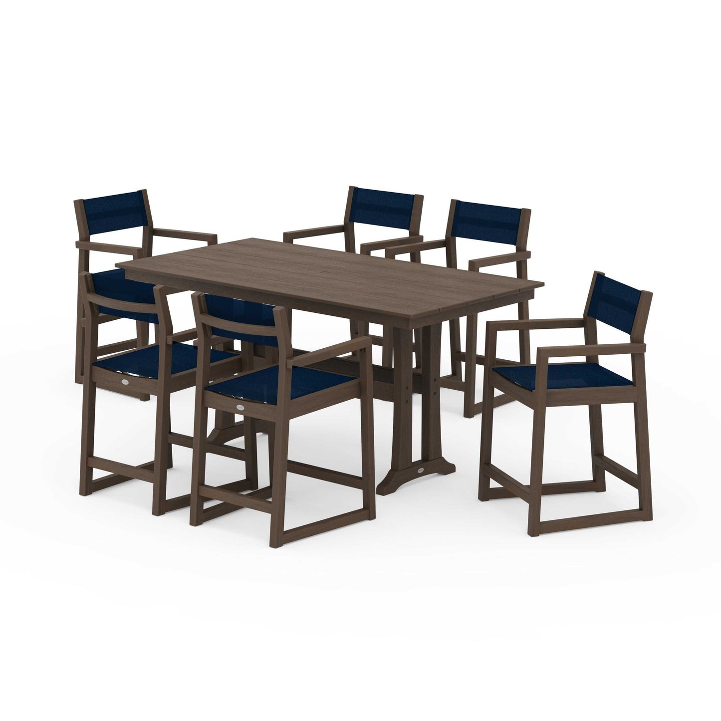 POLYWOOD EDGE Sling Arm Chair 7-Piece Farmhouse Counter Set with Trestle Legs — Kona / Navy Blue Sling