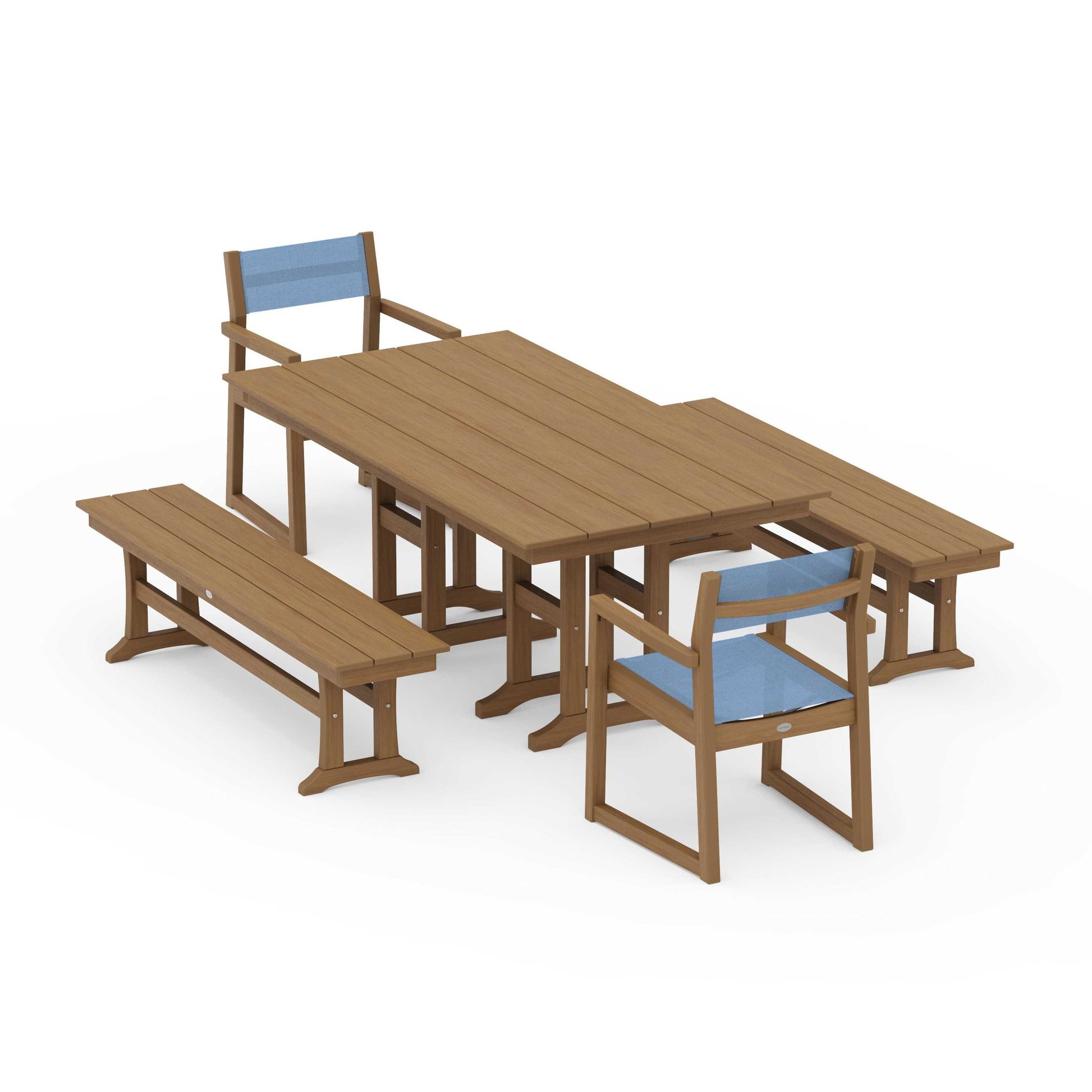 POLYWOOD EDGE Sling Arm Chair 5-Piece Farmhouse Dining Set with Benches — Natural / Poolside Sling