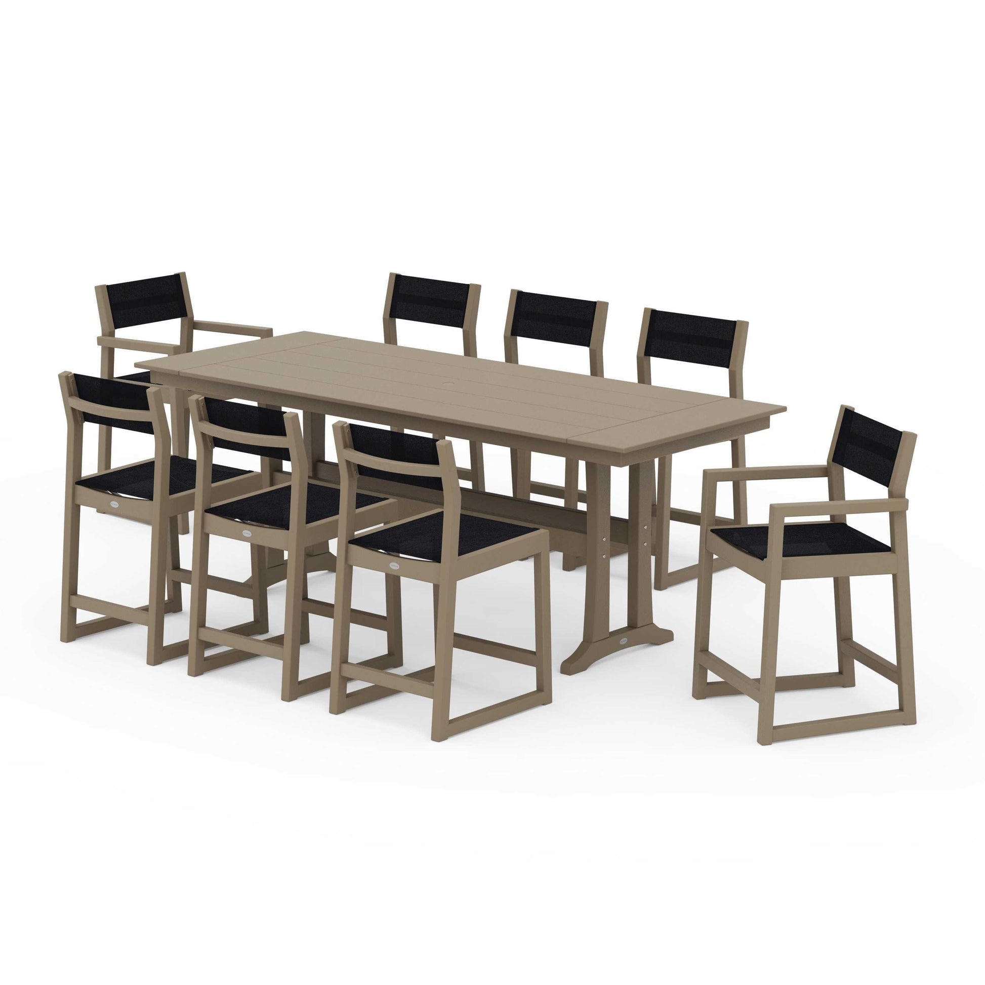 POLYWOOD EDGE Sling 9-Piece Farmhouse Counter Set with Trestle Legs — Vintage Sahara / Black Sling