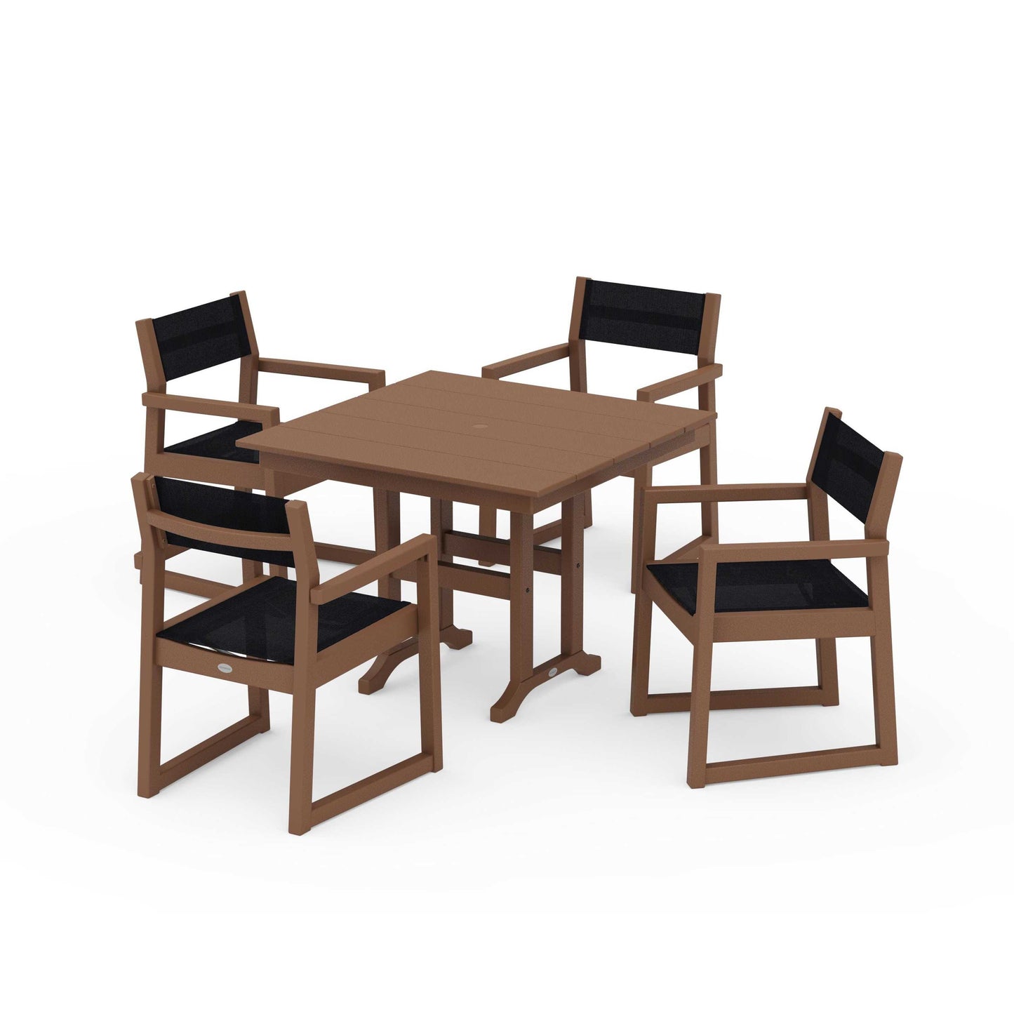 POLYWOOD EDGE Sling Arm Chair 5-Piece Farmhouse Dining Set — Teak / Black Sling