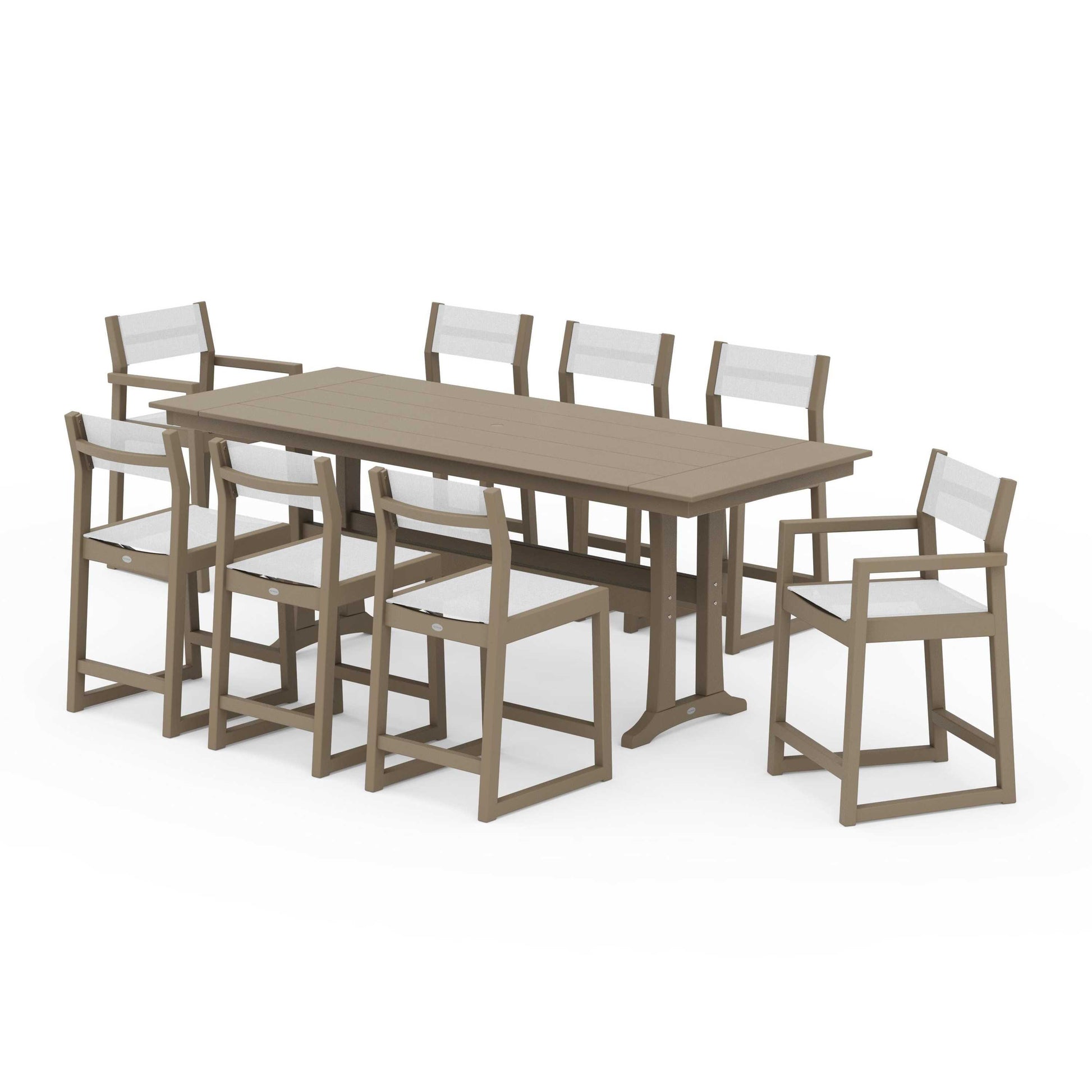 POLYWOOD EDGE Sling 9-Piece Farmhouse Counter Set with Trestle Legs — Vintage Sahara / White Sling