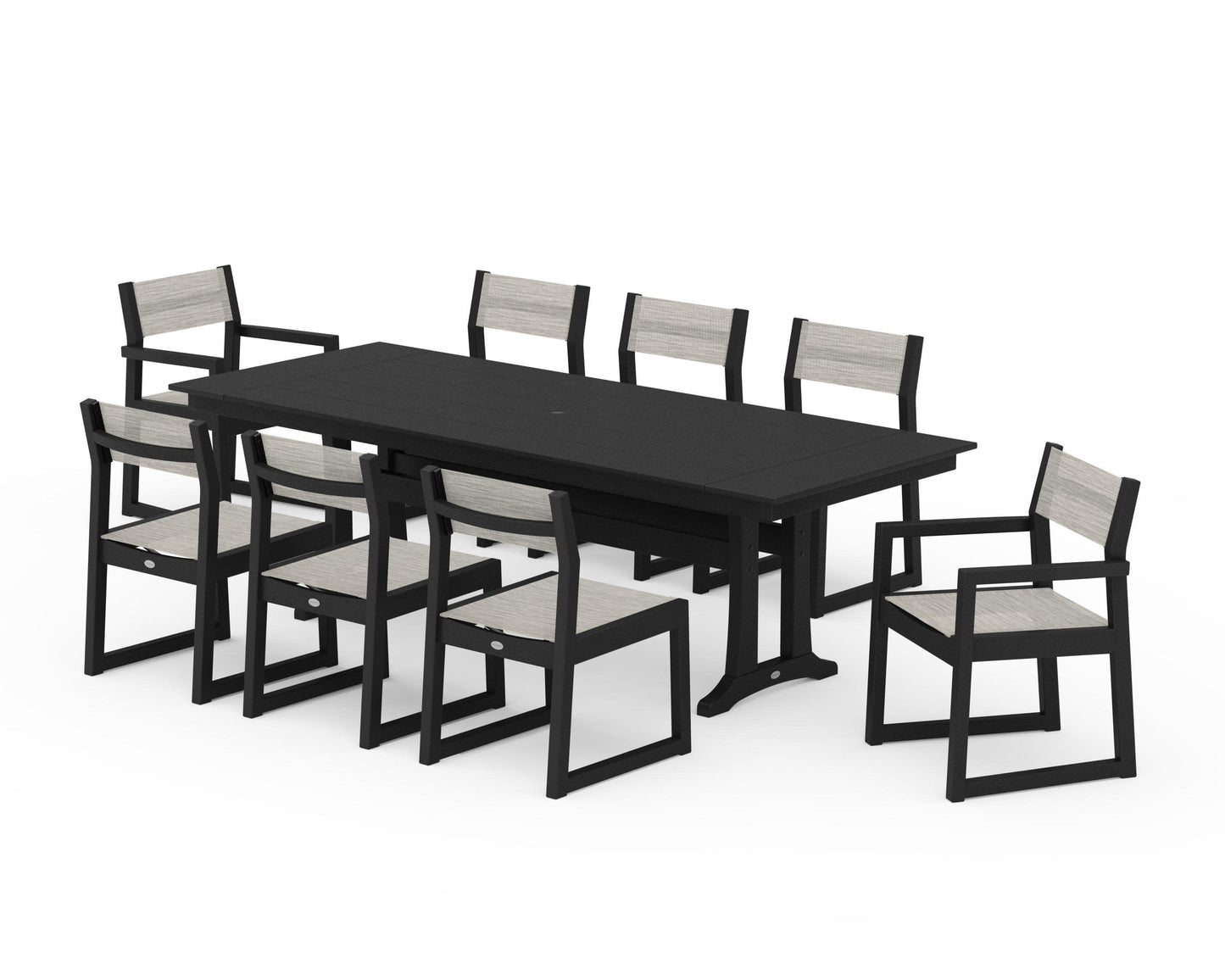 POLYWOOD EDGE Sling 9-Piece Farmhouse Trestle Dining Set — Black / Birch Sling