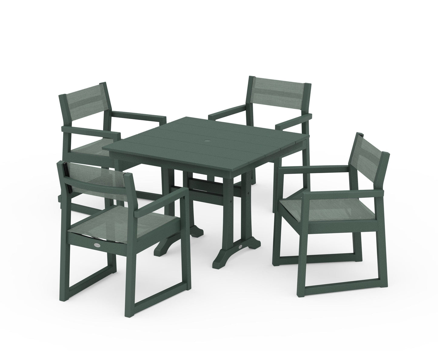 POLYWOOD EDGE Sling 5-Piece Farmhouse Dining Set with Trestle Legs — Green / Dupioni Sea Mist Sling