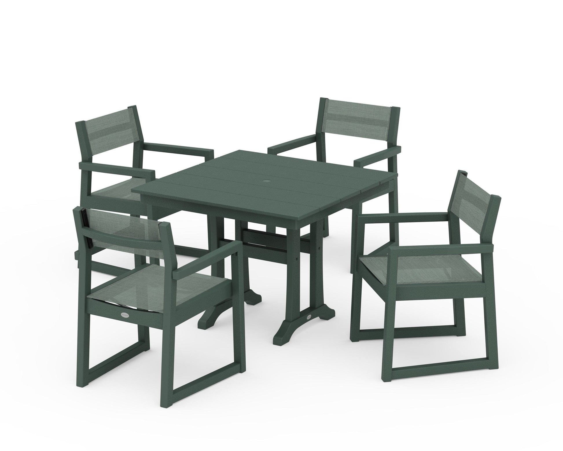 POLYWOOD EDGE Sling 5-Piece Farmhouse Dining Set with Trestle Legs — Green / Dupioni Sea Mist Sling