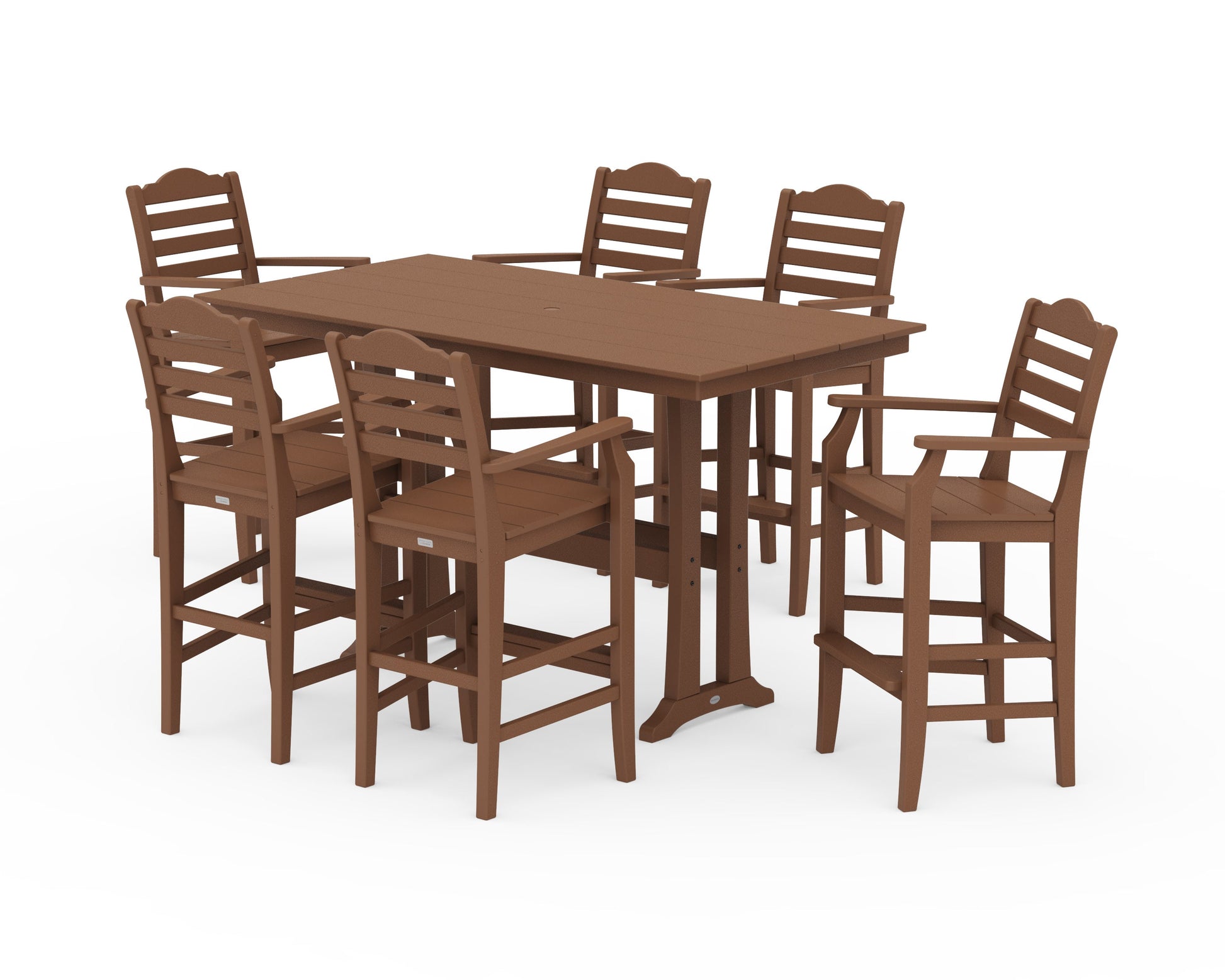 POLYWOOD Savannah Arm Chair 7-Piece Farmhouse Bar Set with Trestle Legs — Teak